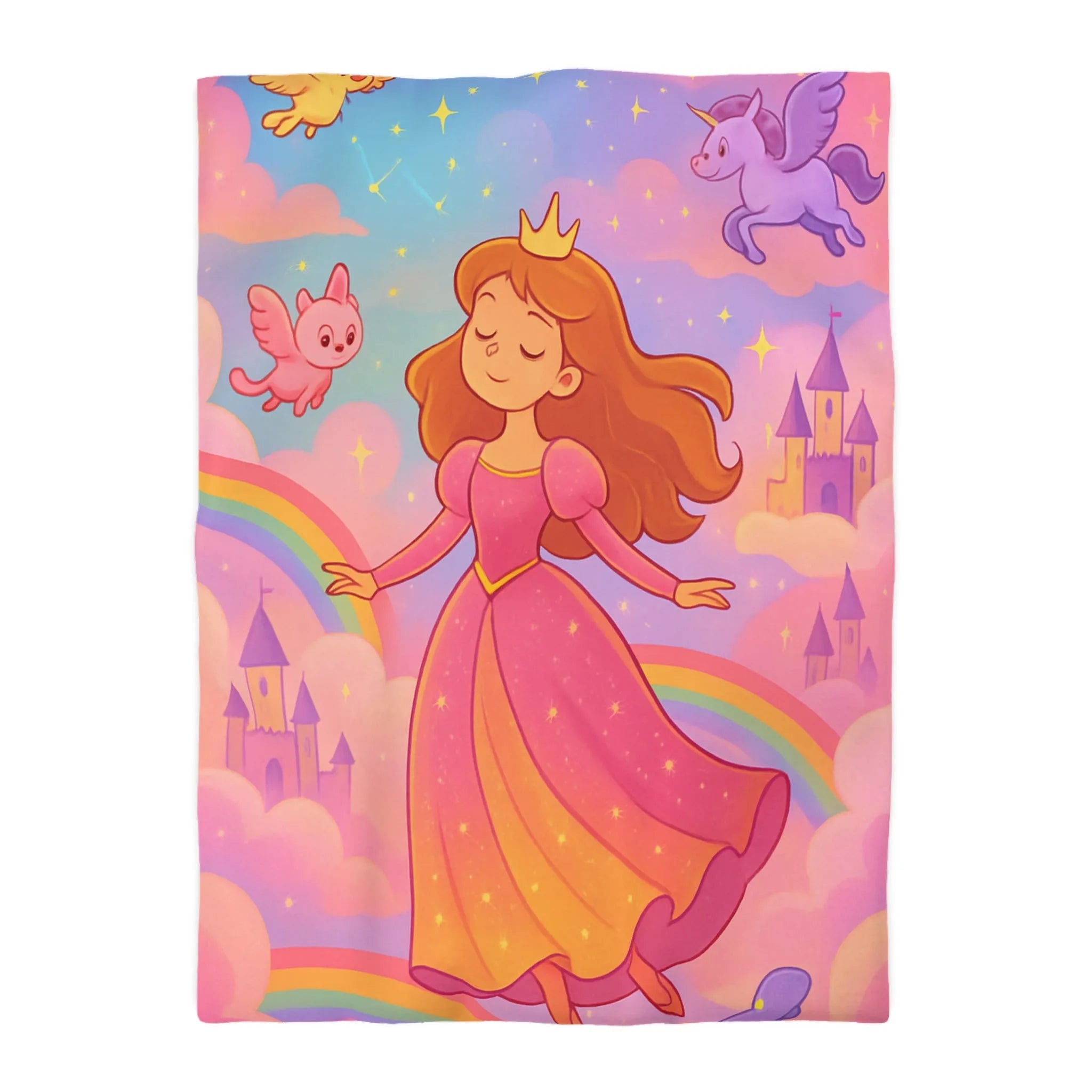 Housse de couette féerique avec princesse et animaux volants, arc-en-ciel pastel doux