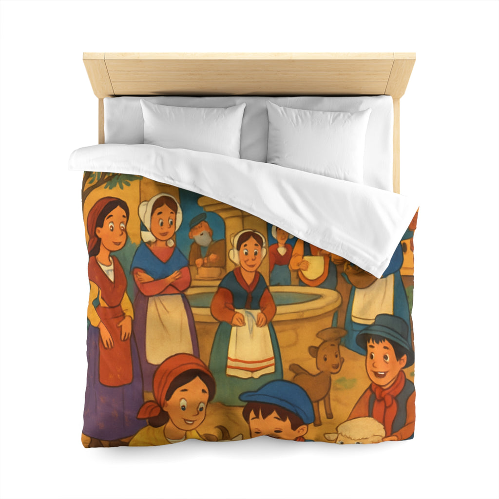 Housse de couette pour enfants avec scène villageoise festive et animaux mignons joyeux