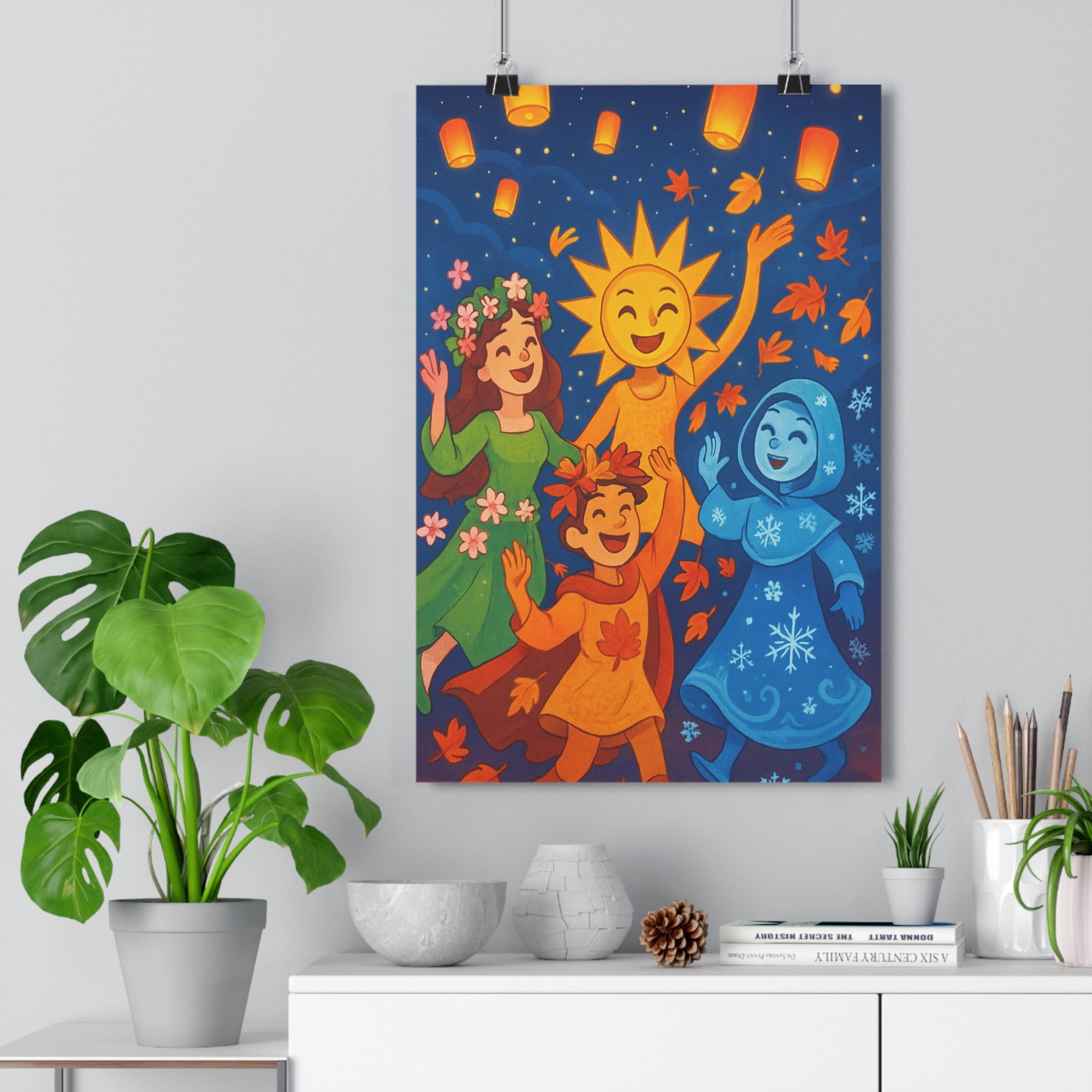 Poster décoratif cartoon joyeux jaune vert orange bleu enfant chambre salon saison qualité flocons