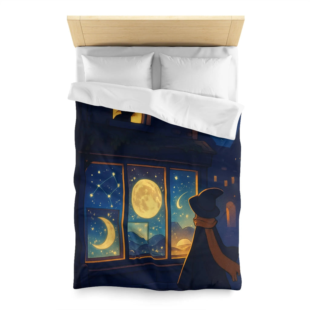 Housse de couette magique avec scène nocturne féerique, chat mystique et ciel étoilé