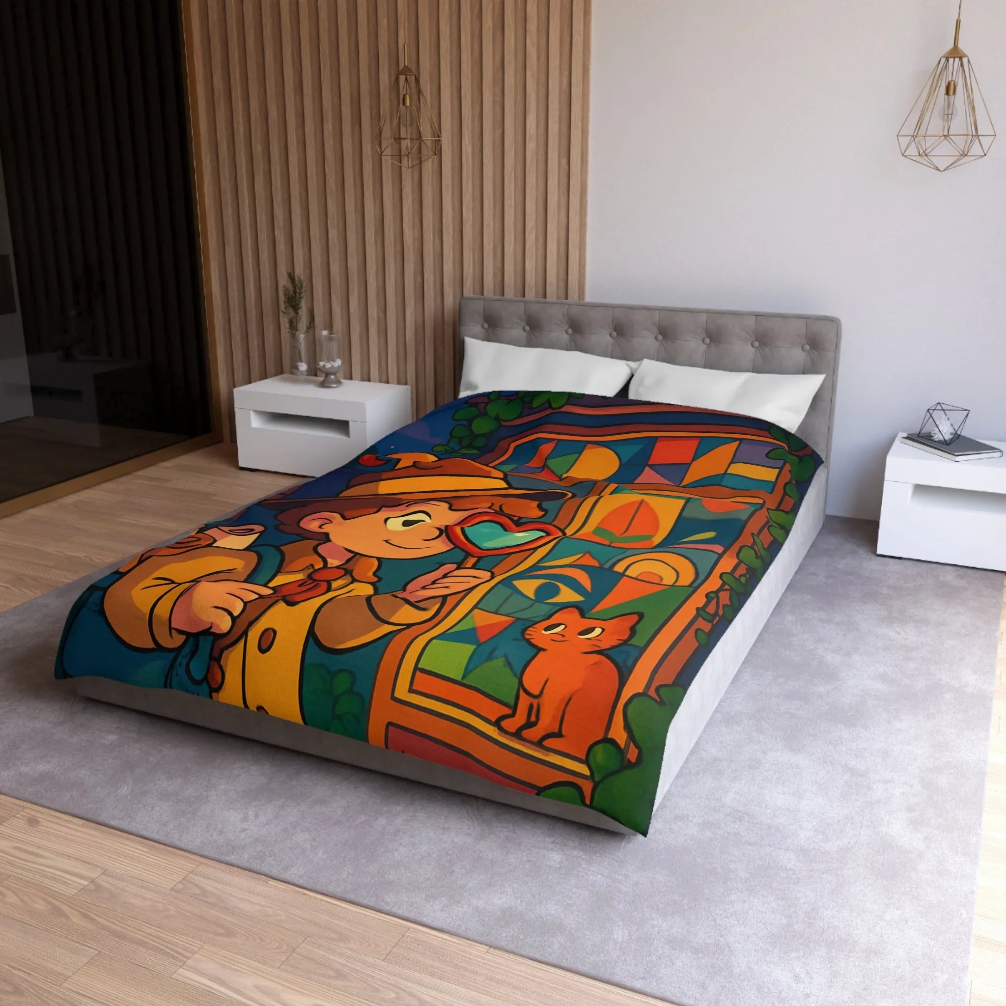 Housse de couette enfant magique avec chat mignon et motifs géométriques colorés