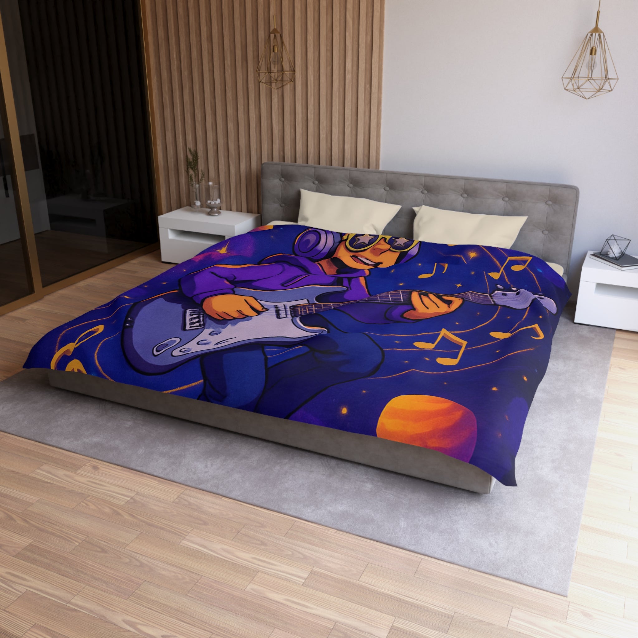 Housse de couette musicale avec planète, guitare et ciel cosmique coloré, ambiance rêveuse