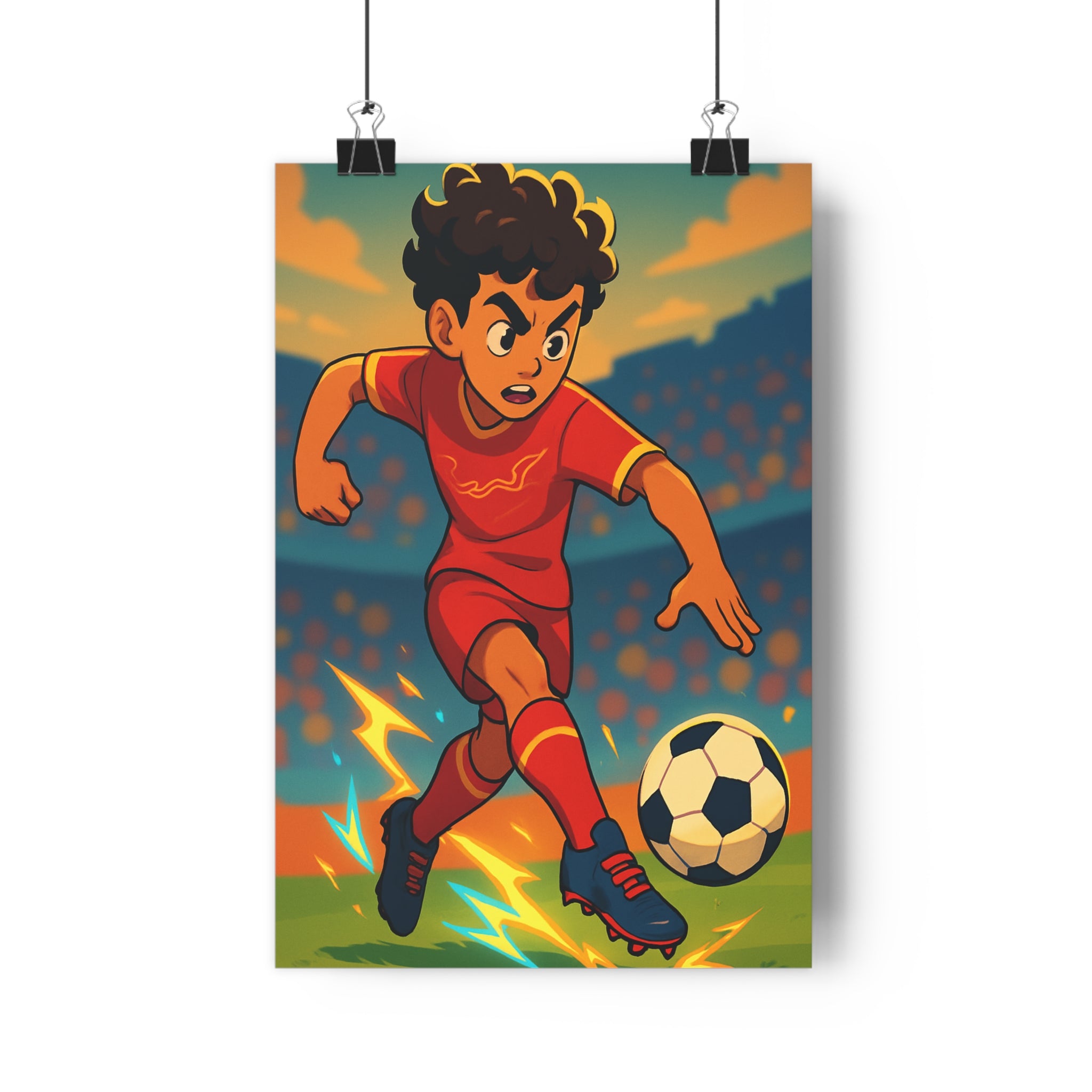 Poster décoratif football rouge bleu animé énergique chambre enfant sport dynamique éclair vibrant qualité