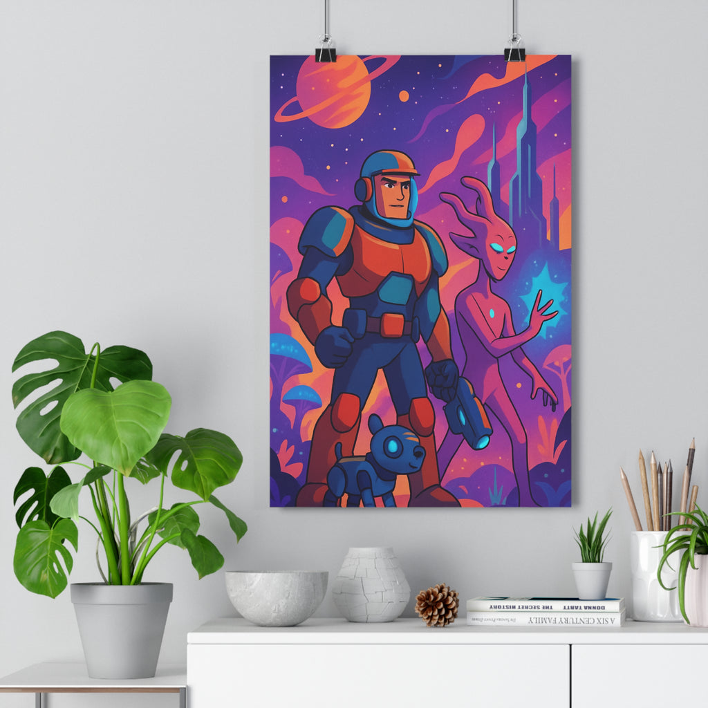 Poster décoratif animation coloré bleu orange héros extraterrestre aventure salon enfant dynamique futuriste vibrant