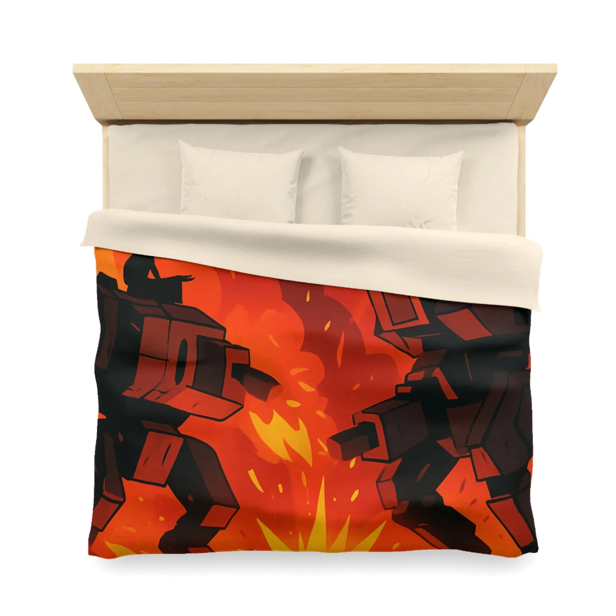 Housse de couette avec robots géants dans un duel épique sous ciel enflammé