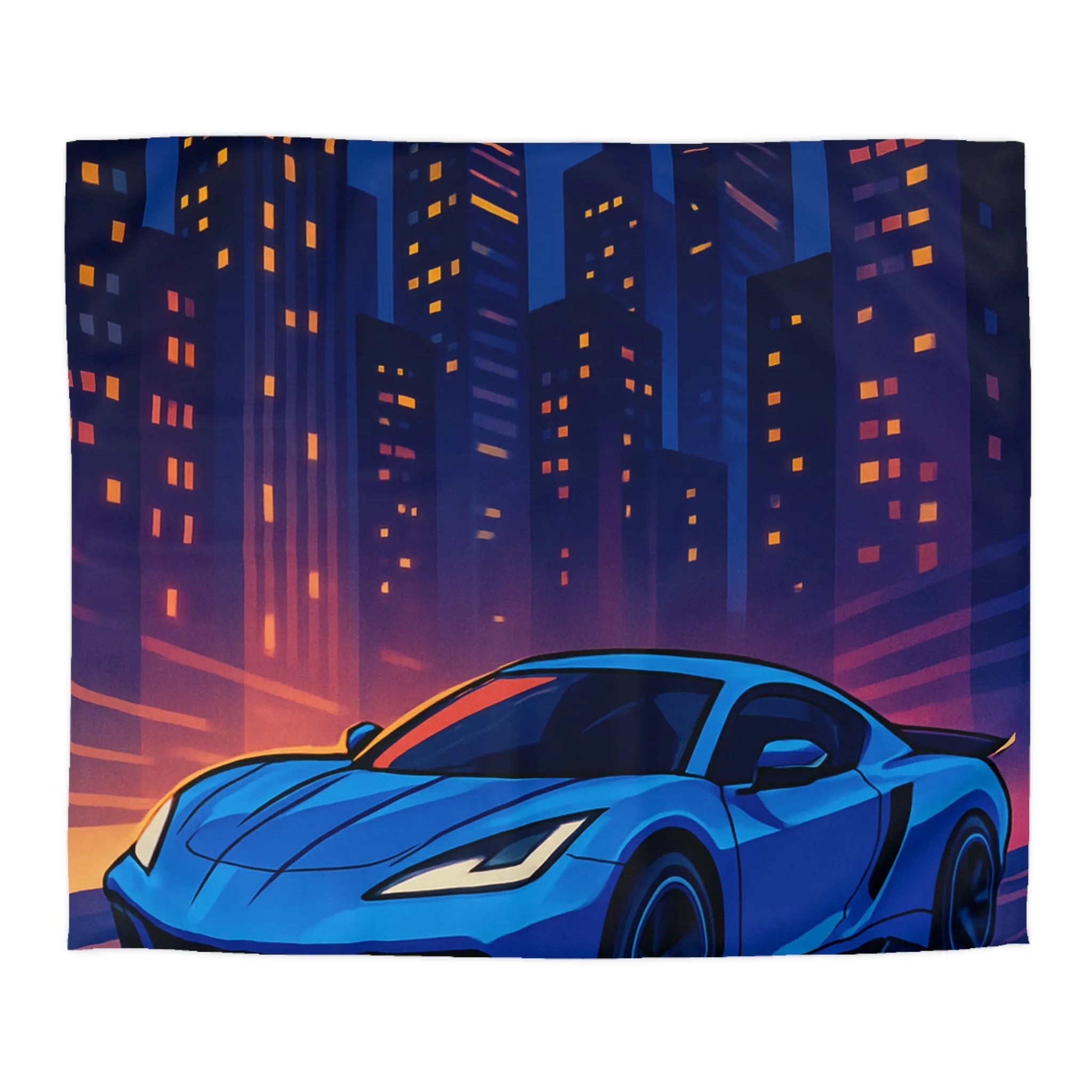 Housse de couette avec voiture bleue moderne et paysage urbain éclairé la nuit