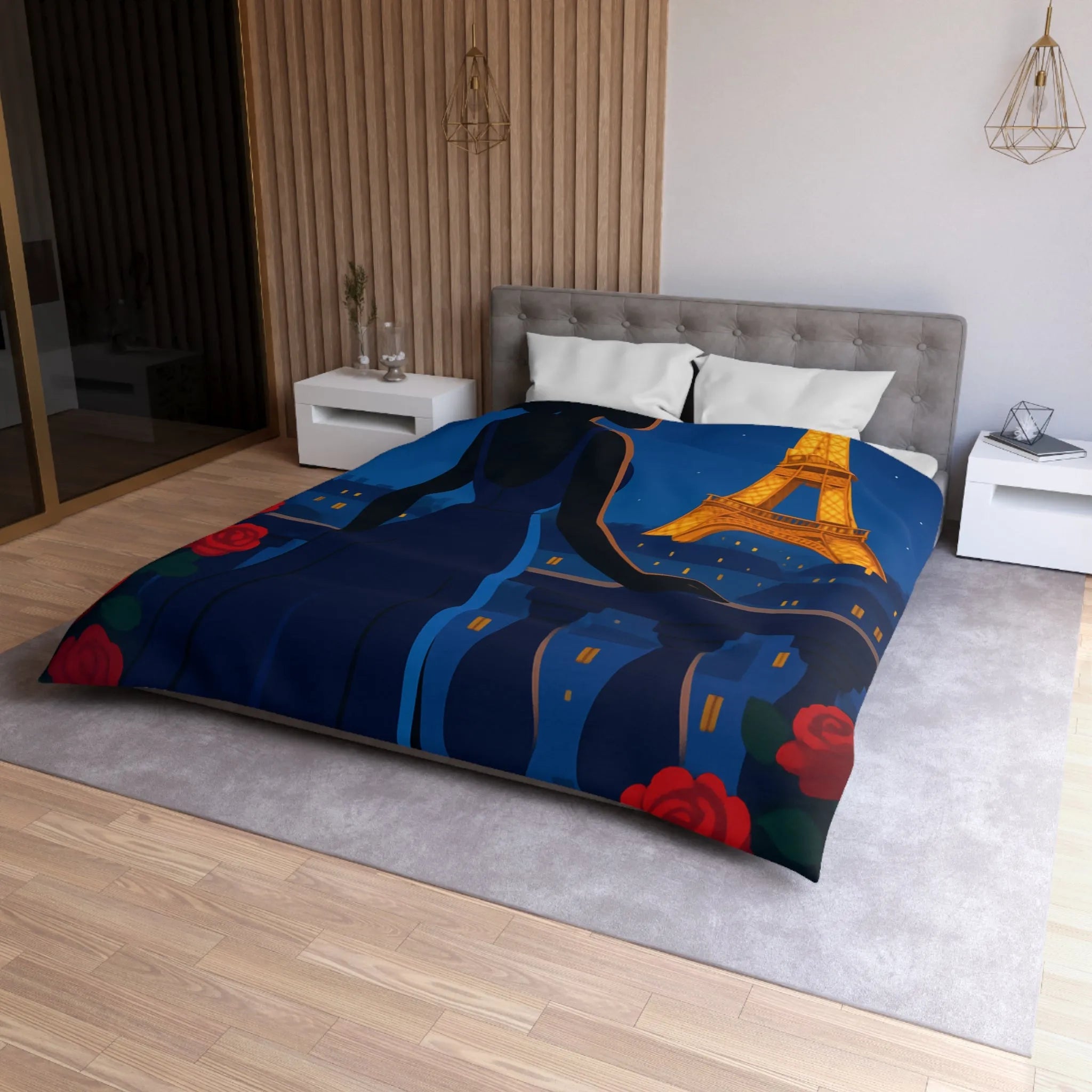 Housse de couette élégante avec vue nocturne sur Paris et roses rouges vibrantes