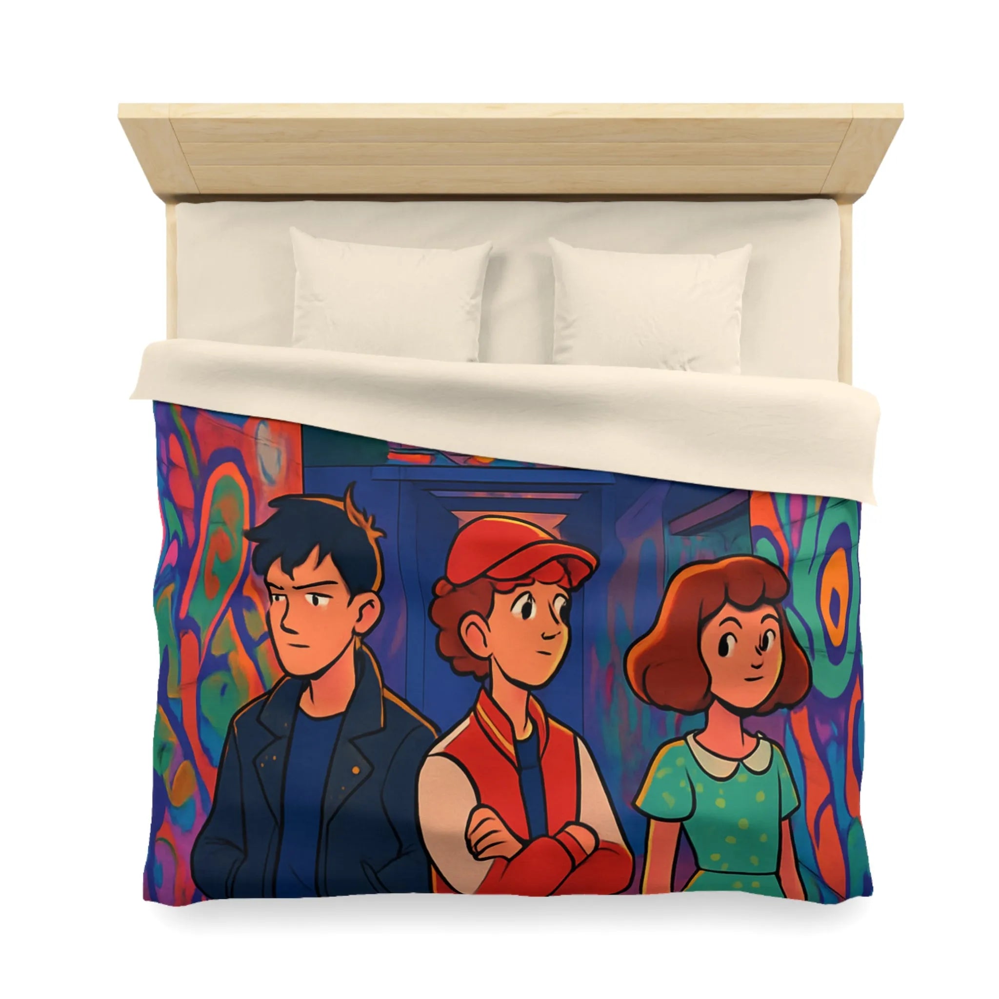 Exploration Urbaine Colorée Révélant Une Scène Enchantée de Graffiti avec Trois Adolescents