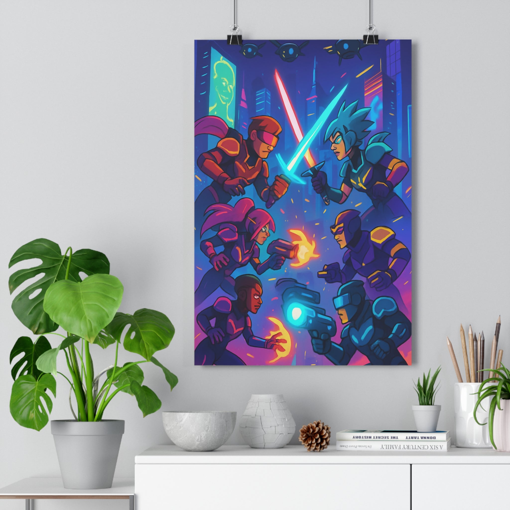 Poster décoratif cyberpunk animé bleu rose violet futuriste chambre enfant vibrant épique aventure intense