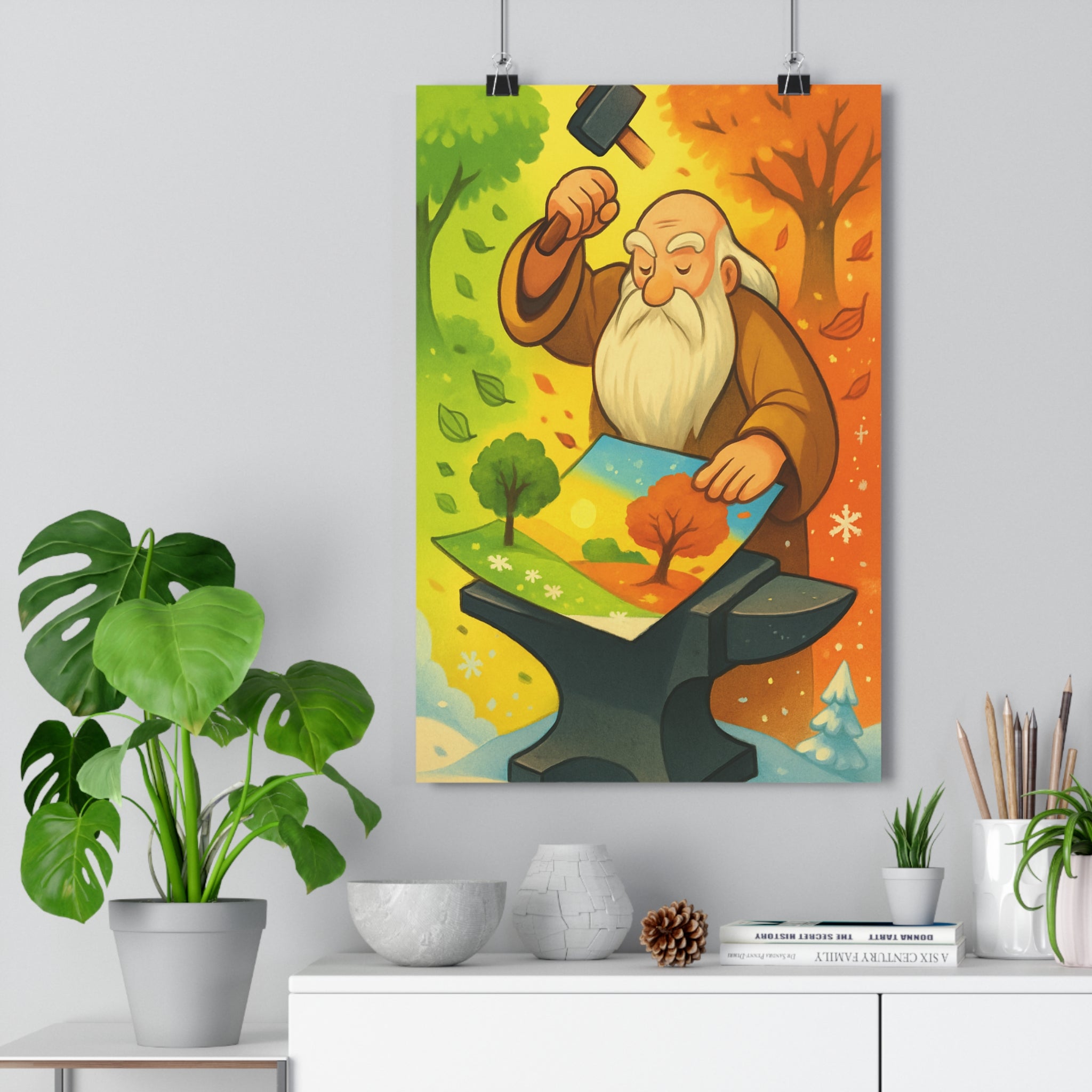 Poster décoratif saisonnier art paysage coloré vert orange bleu salon chambre ambiance chaleureuse qualité