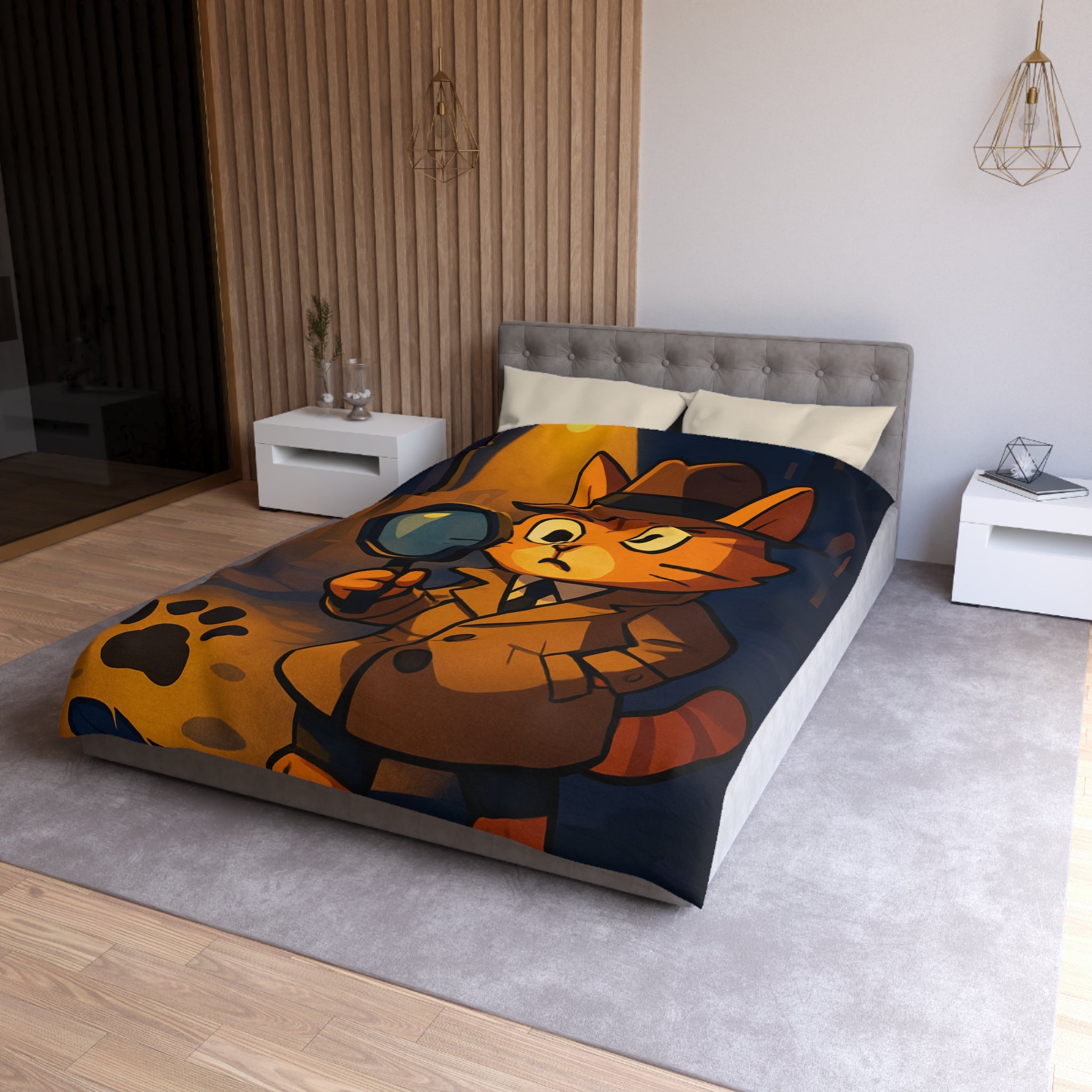 Housse de couette motif chat détective illustré avec lampe et empreinte mystérieuse