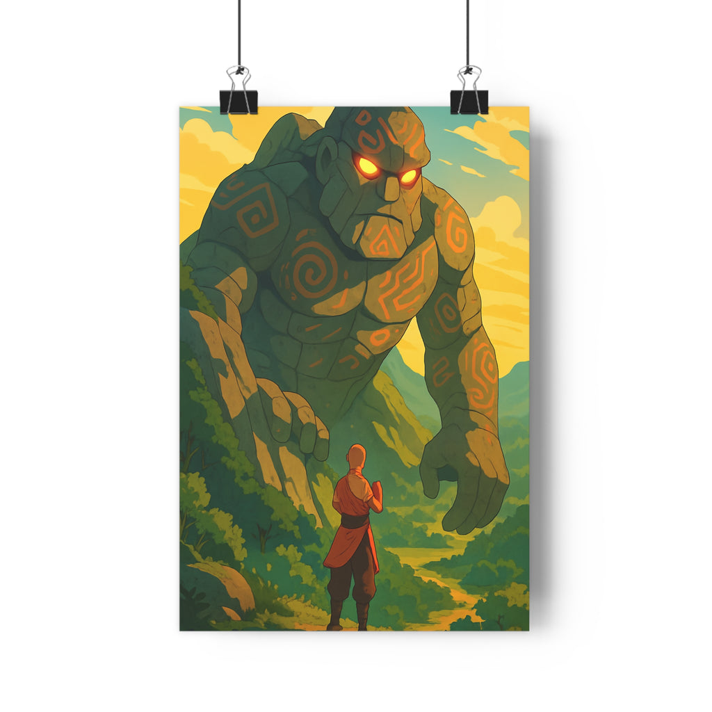 Poster décoratif mystique anime géant pierre spirales lumineux chaud vibrant chambre bureau ambiance qualité