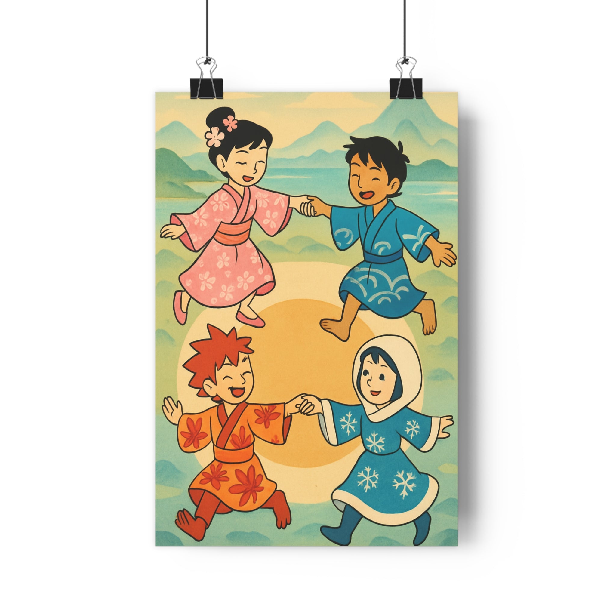 Poster décoratif anime coloré saison costumes traditionnels joyeux chambre salon pastel art vibrant qualité