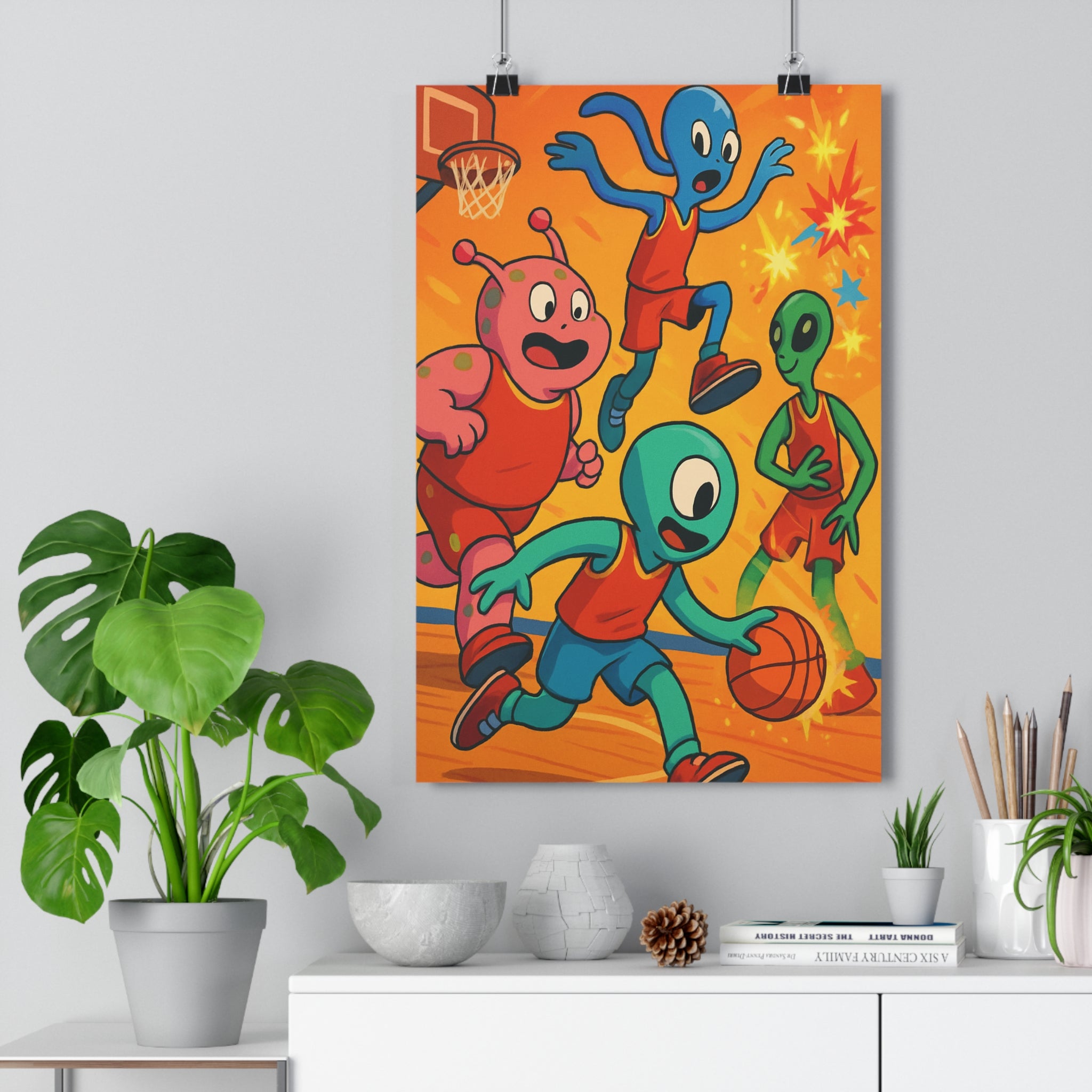 Poster décoratif futuriste basket orange rouge cartoon joyeux enfants chambre créatif extraterrestre dynamique éclatant