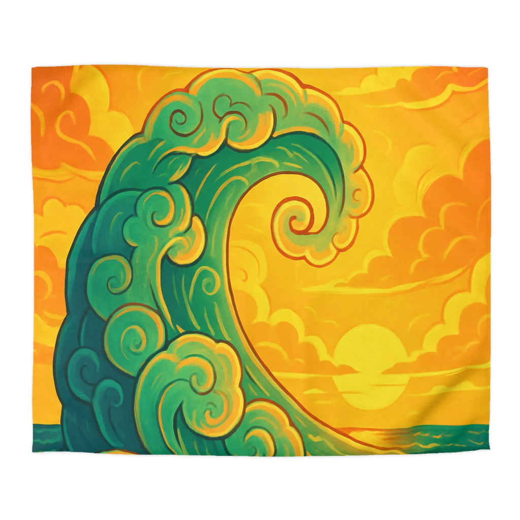 Housse de couette artistique avec vague stylisée et aigle en vol au coucher du soleil