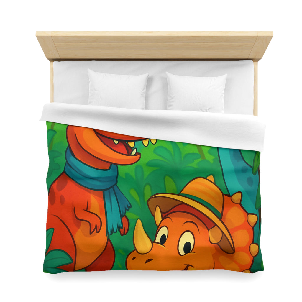 Housse de couette pour enfants avec dinosaures joyeux dans une jungle colorée et ludique