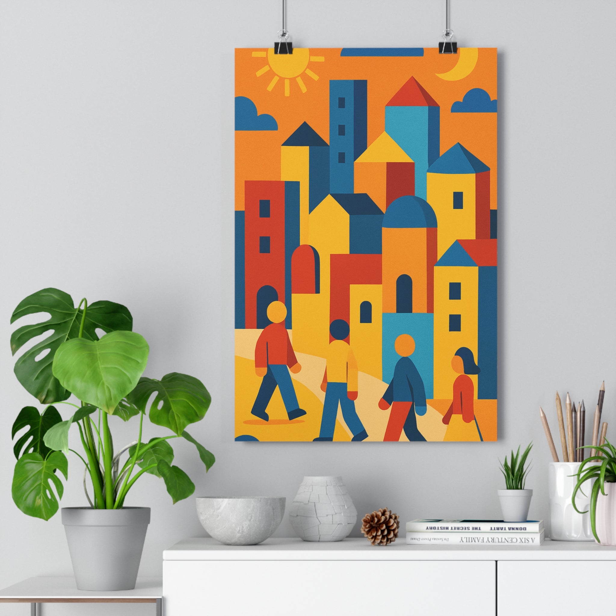 Poster décoratif moderne abstrait bleu rouge jaune cartoon joyeux salon chambre bureau dynamique personnages