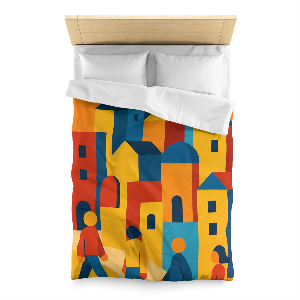 Housse de Couette Moderniste aux Couleurs Chaudes Illustrant Ville Effervescente et Silhouettes Humaines