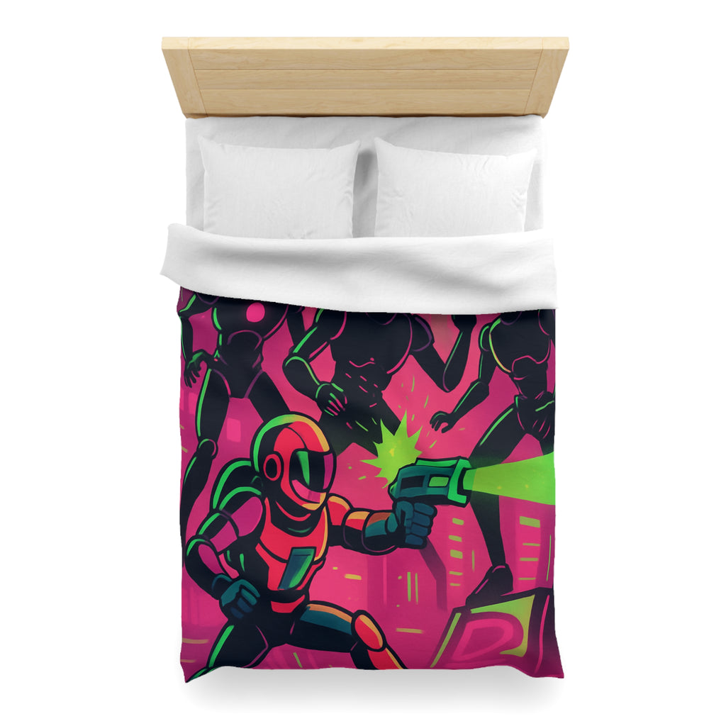 Housse de couette néon futuriste avec combat spatial, designs vifs rétro et cyberpunk
