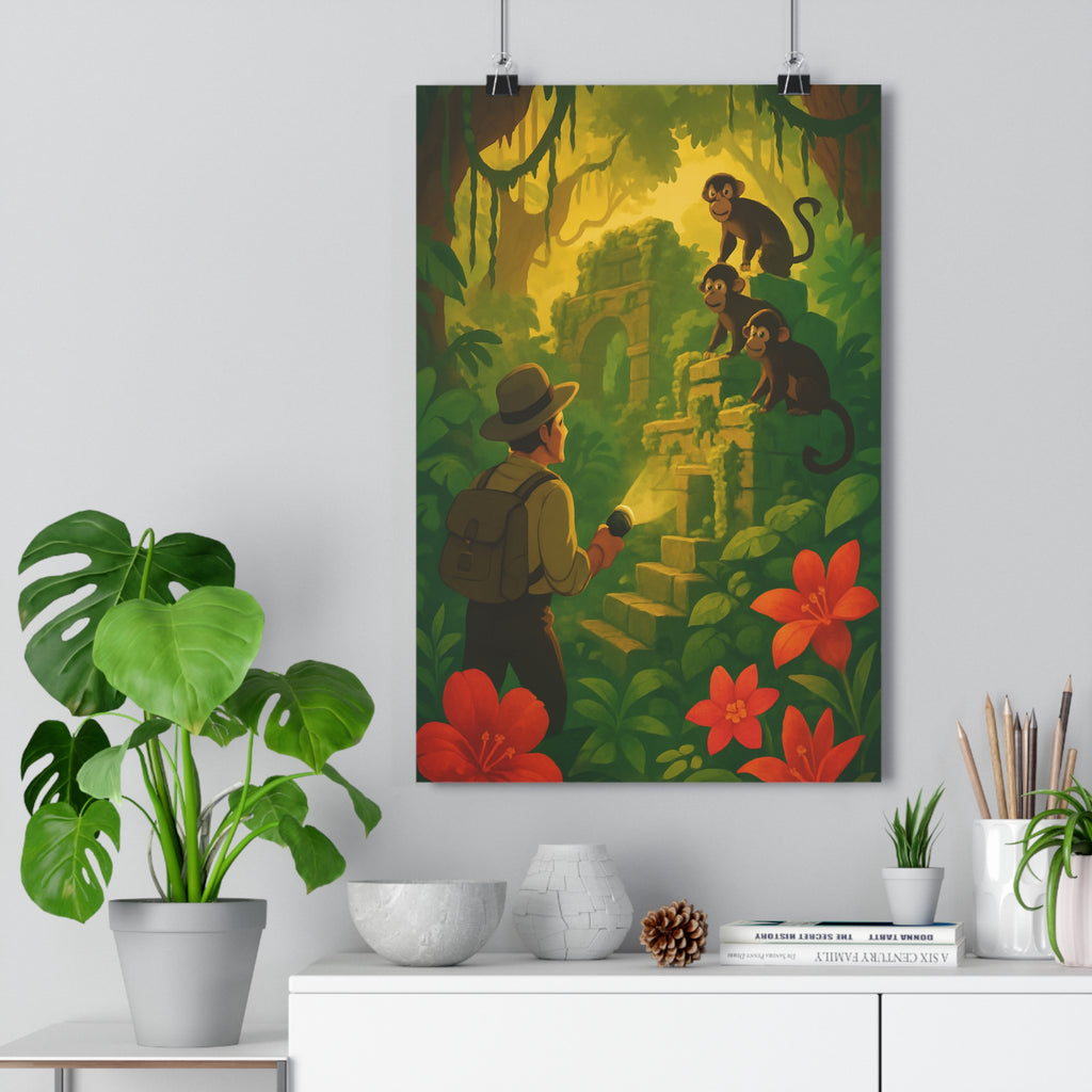 Poster décoratif jungle vert doré aventure explorateur anime mystique salon jungle botanique vibrant qualité