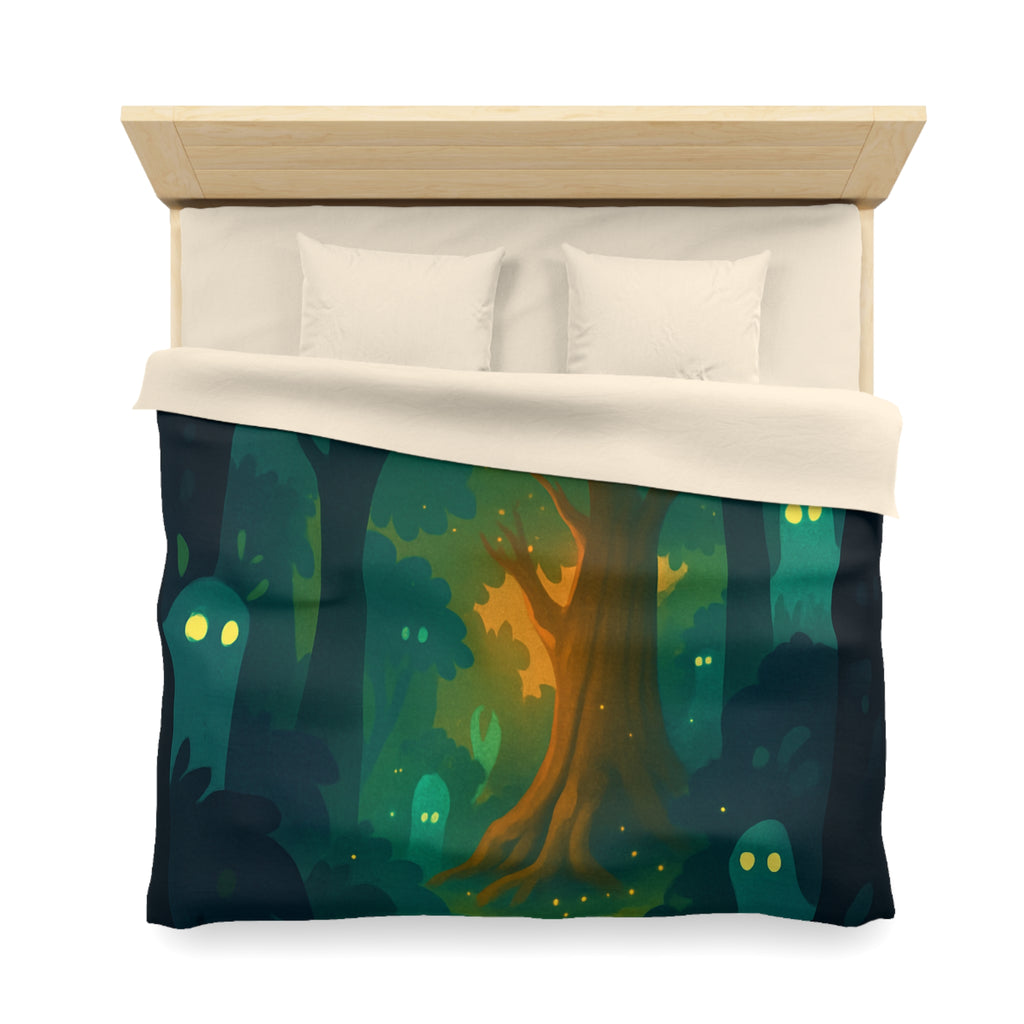 Housse de couette mystérieuse forêt enchantée avec esprits lumineux et sentier sinueux