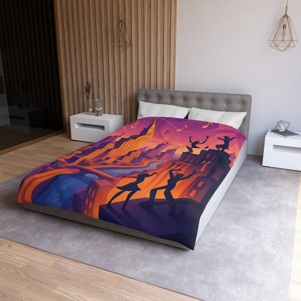 Housse de Couette avec Danseurs et Ville au Coucher de Soleil, Tonalités Vibrantes
