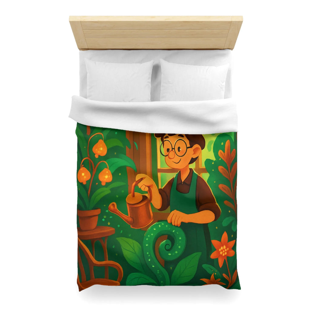 Housse de couette colorée avec illustration botanique d'intérieur et personnage jardinier animé