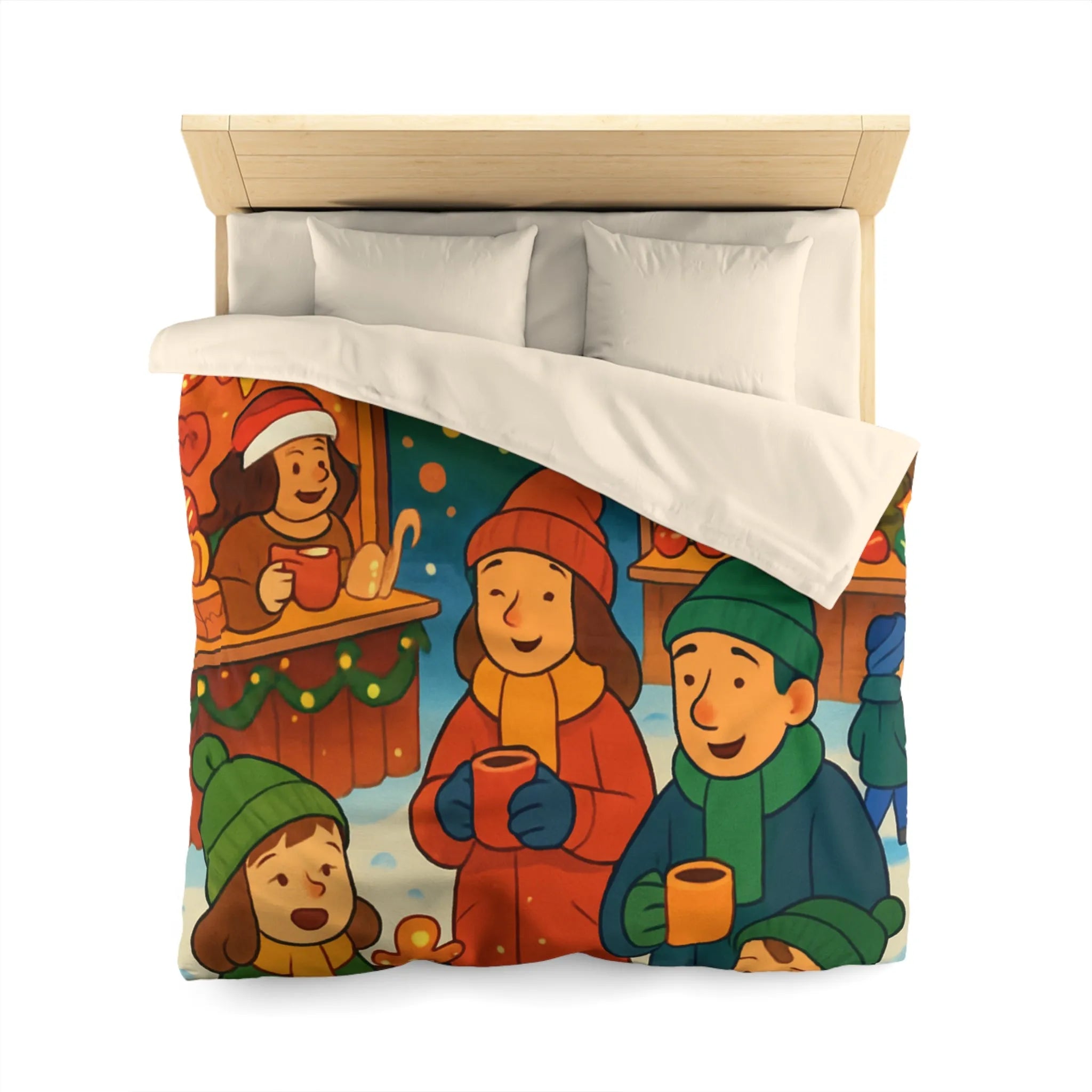 Housse de couette chaleureuse illustrant une scène festive de marché de Noël joyeux