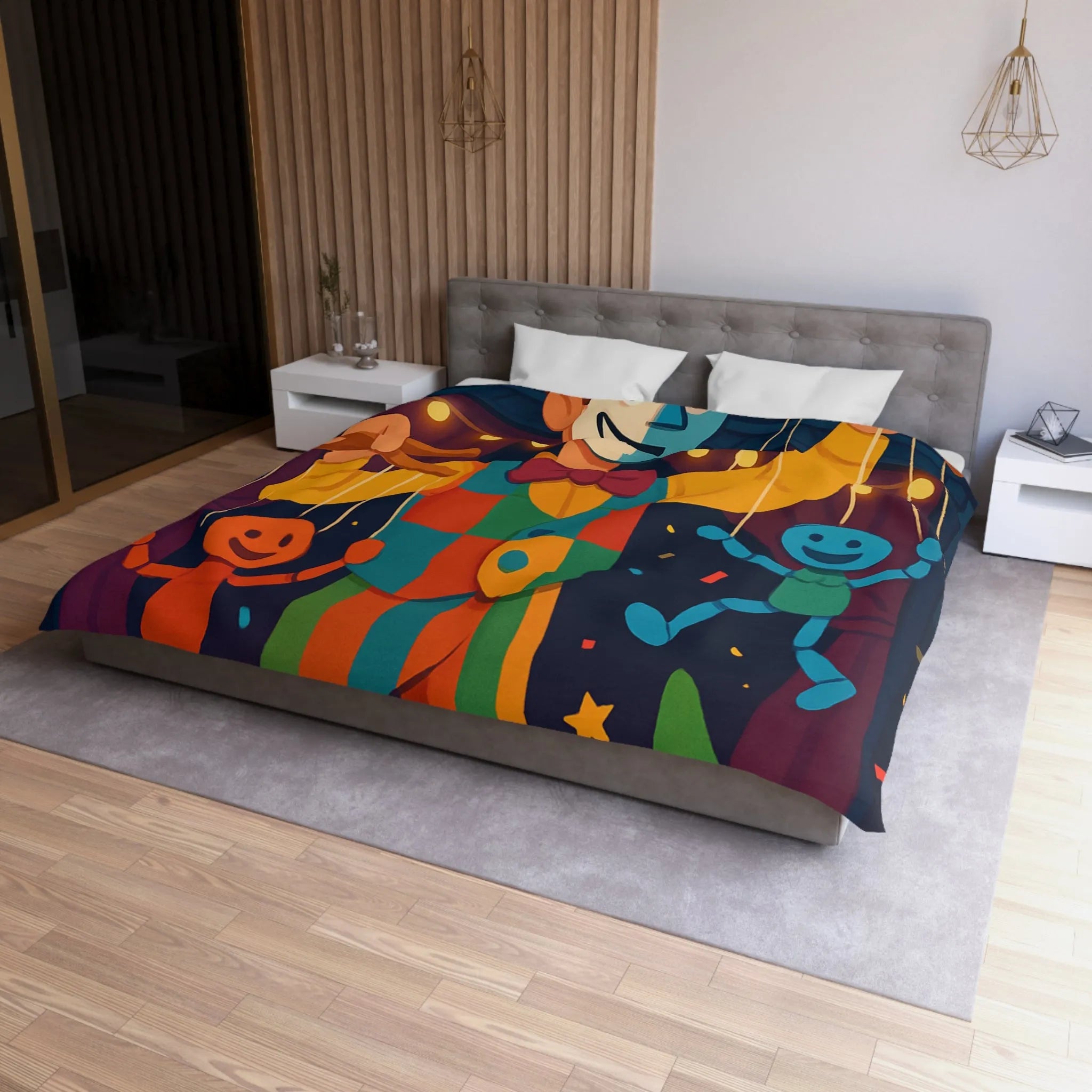 Housse de couette marionnettiste coloré avec motifs joyeux pour chambre d'enfant festive