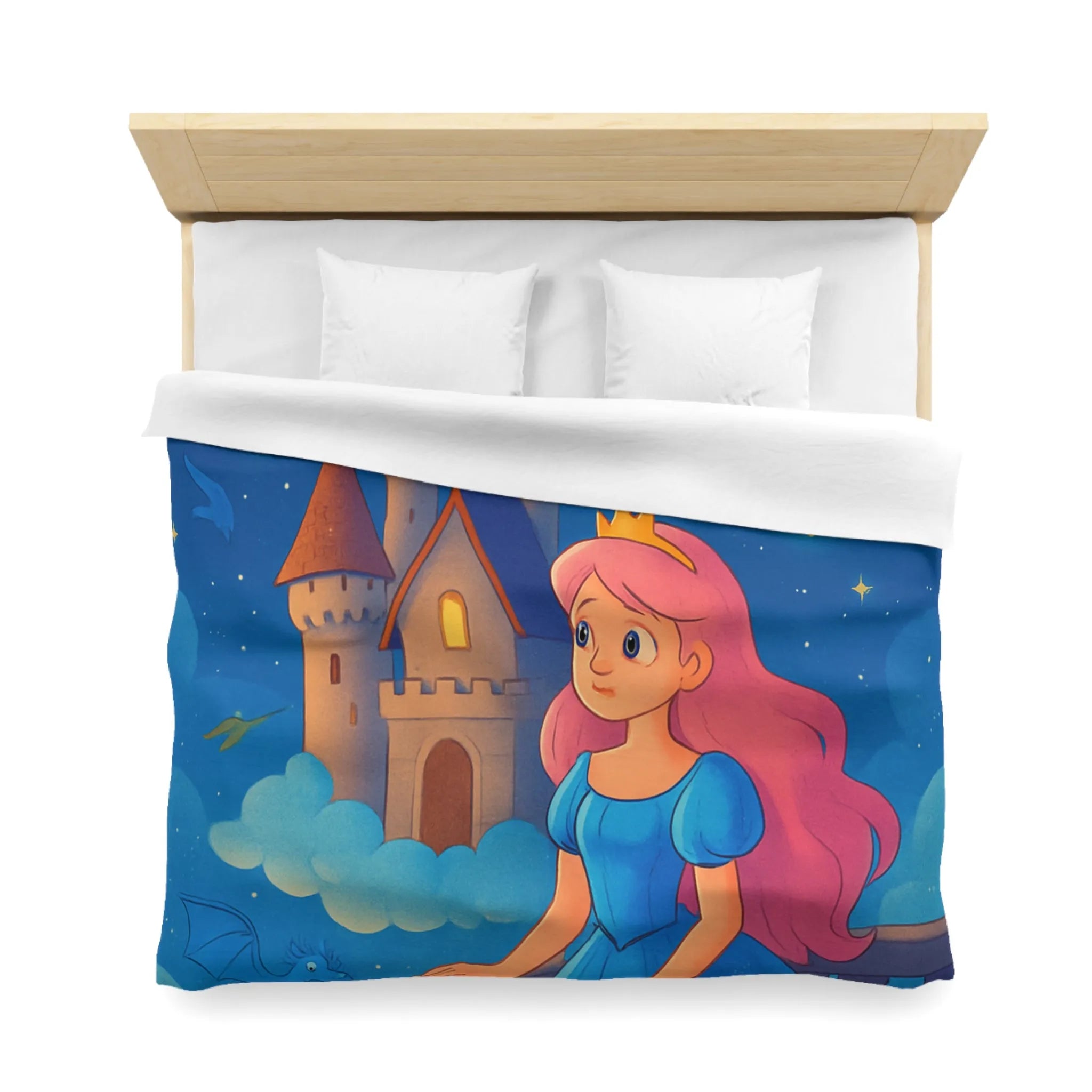 Housse de Couette Enfant Représentant Princesse et Dragons dans un Ciel Nocturne Magique