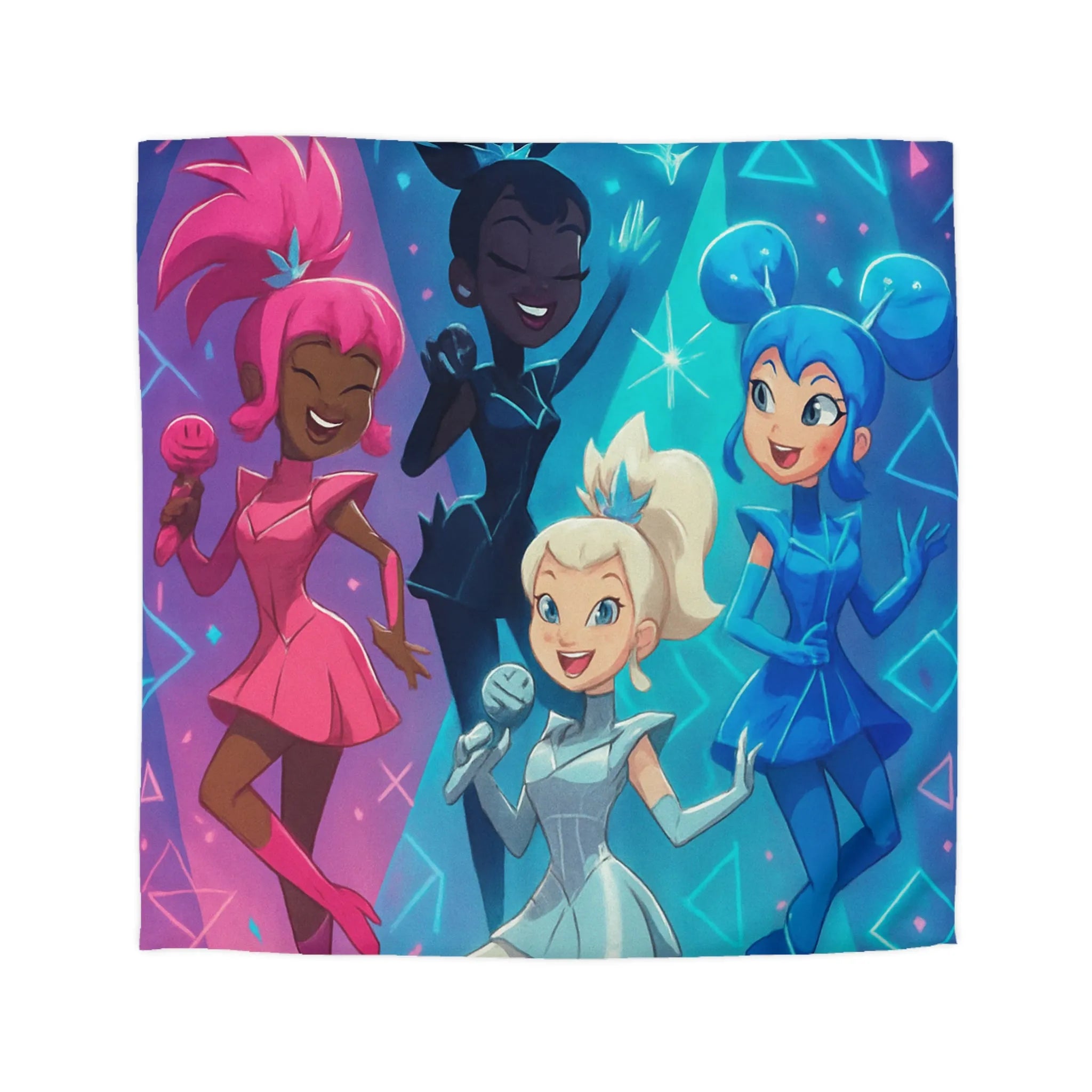 Housse de couette colorée avec personnages chantants et motifs géométriques lumineux