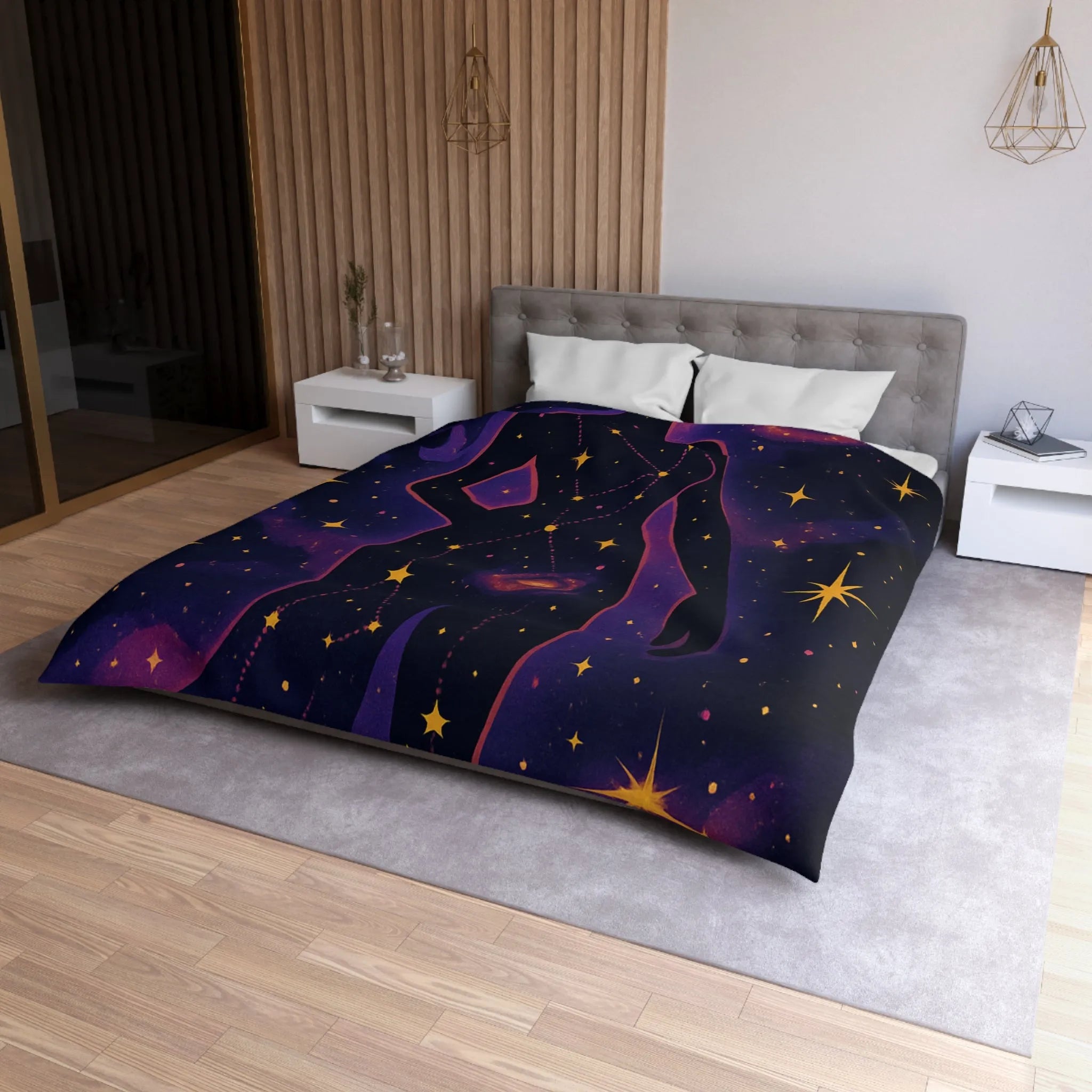 Housse de couette artistique silhouette femme constellation étoiles nébuleuses ambiance cosmique