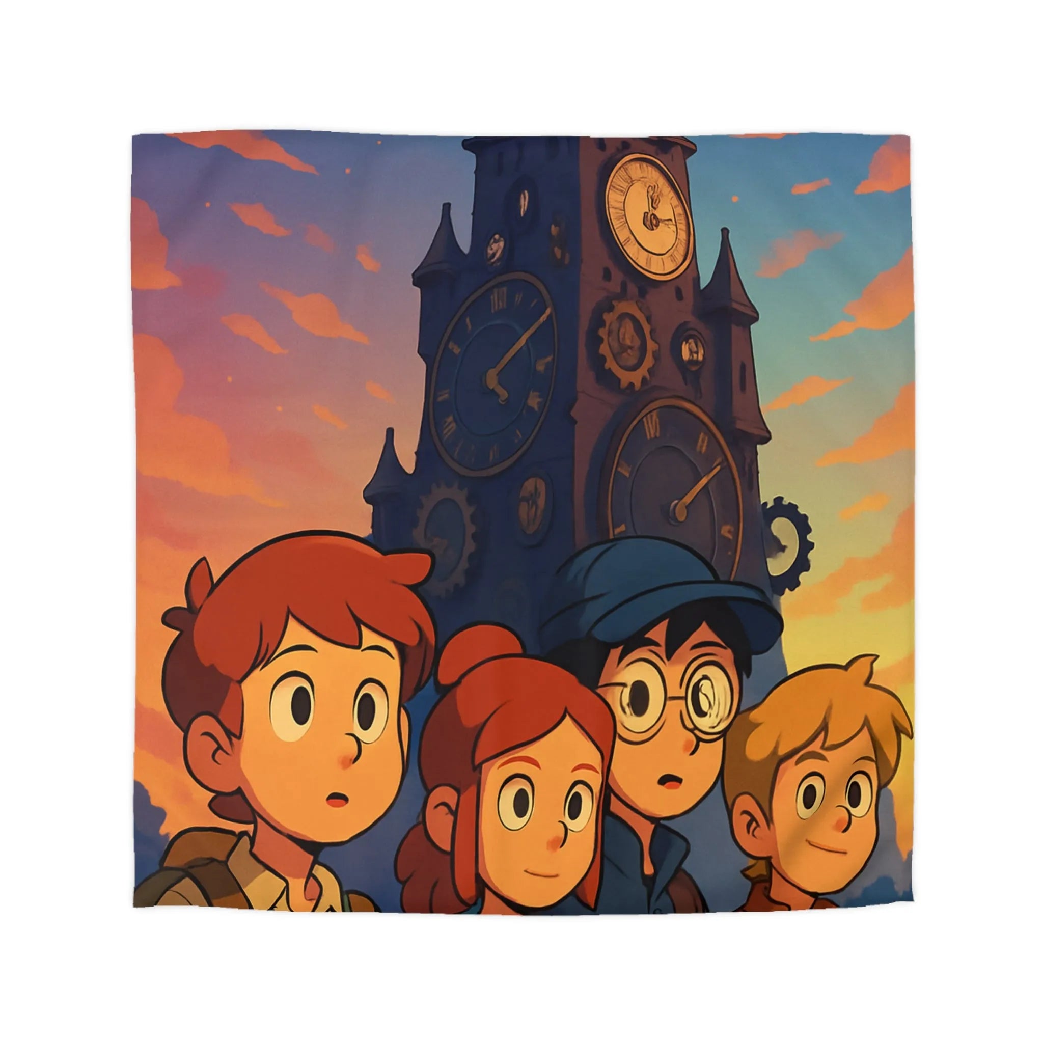 Housse de couette illustrée aventure jeunesse horloges coucher de soleil style animé vibrant