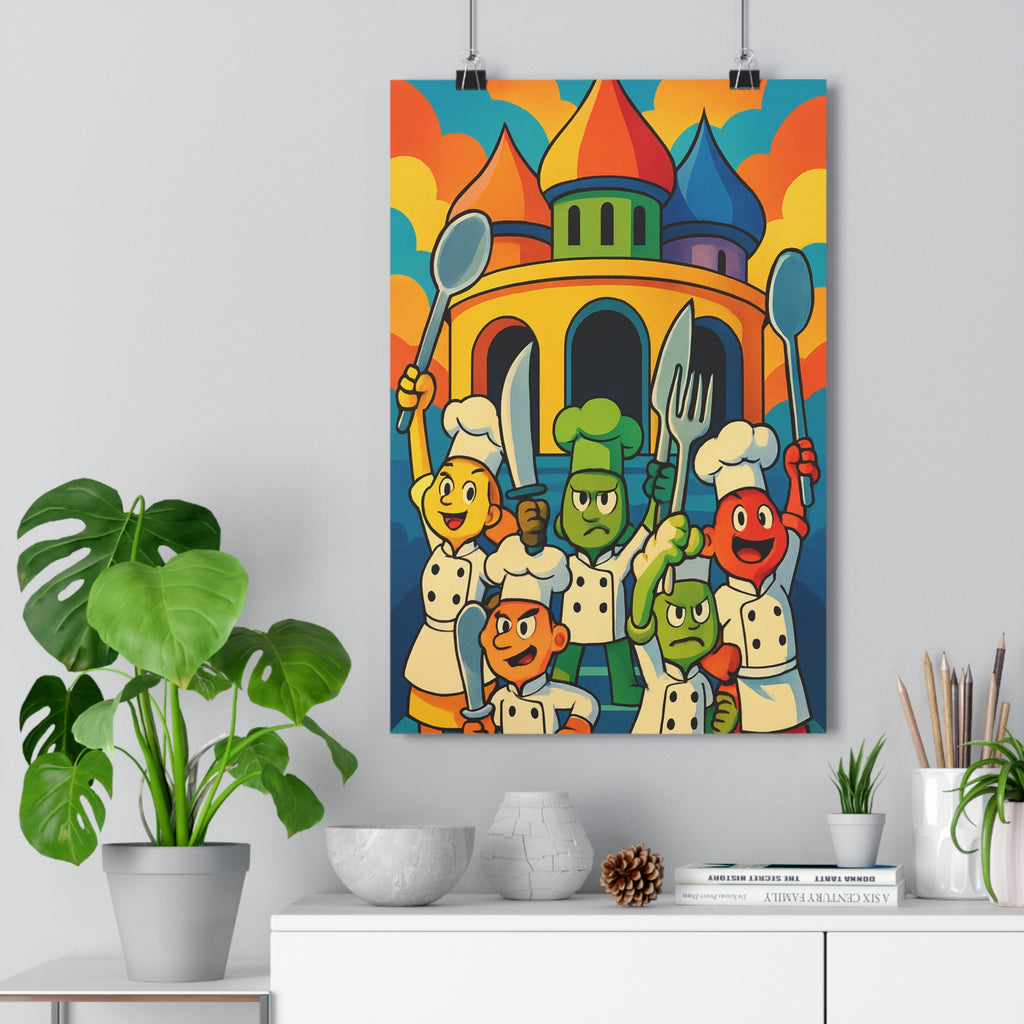 Poster décoratif cartoon coloré jaune rouge bleu cuisine joyeux dynamique chefs cuisine créatif unique