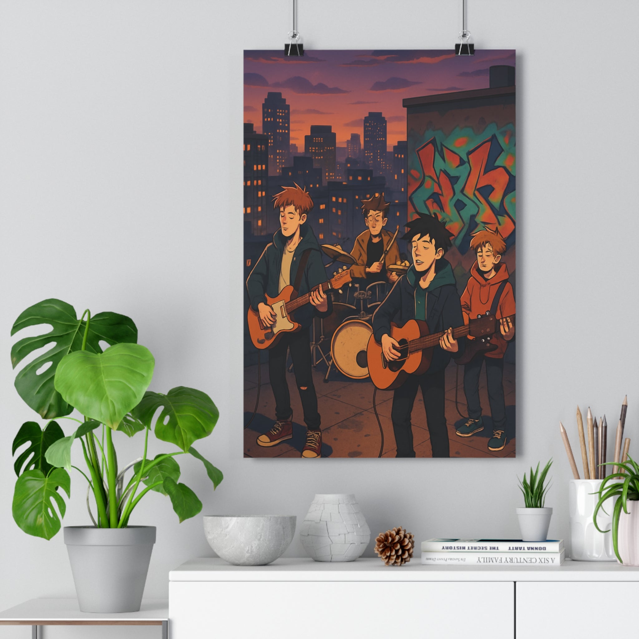 Poster décoratif dessin animé bleu orange urbain dynamique salon chambre moderne vibrant musique toit