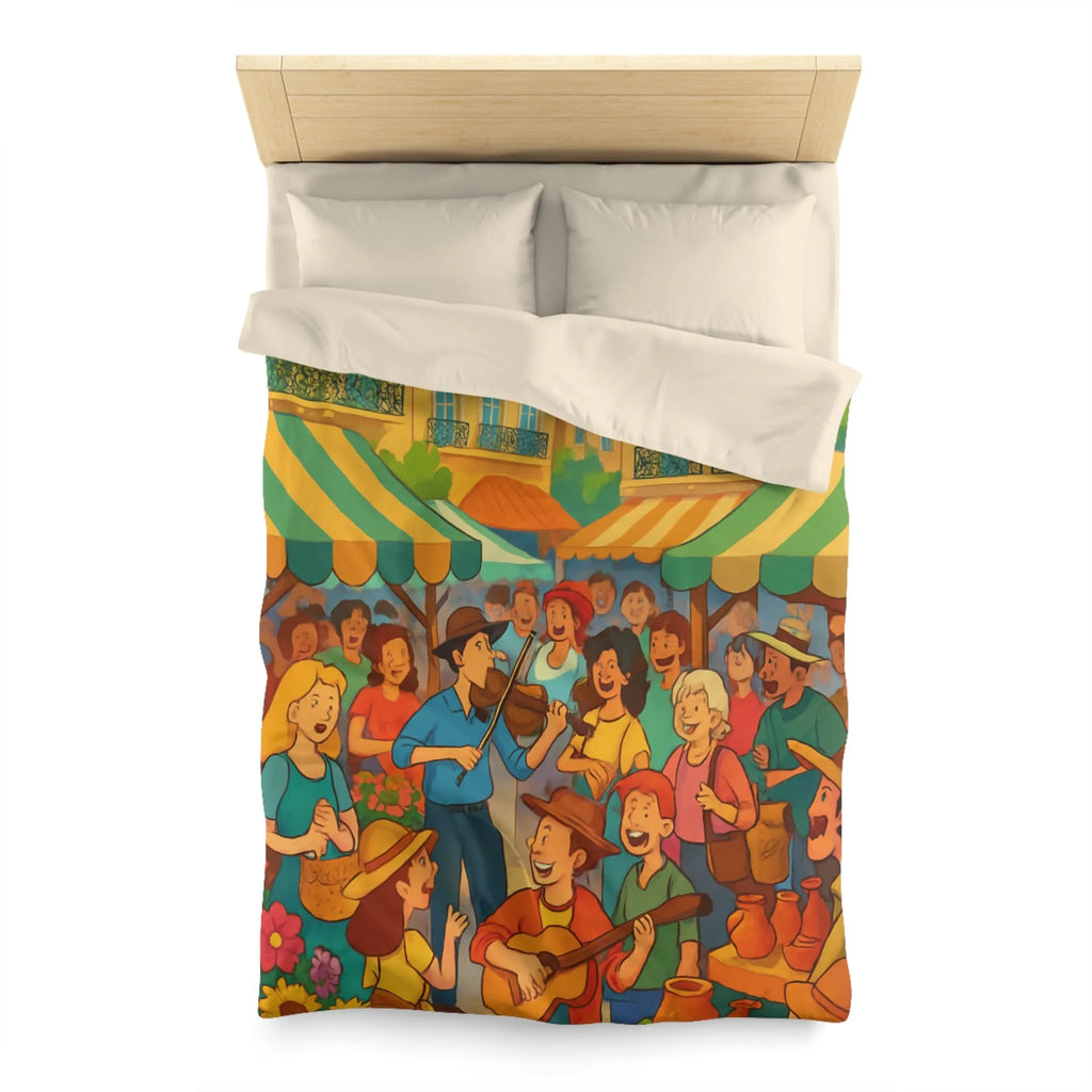 Housse de couette colorée avec scène de marché animé et ambiance joyeuse en plein air