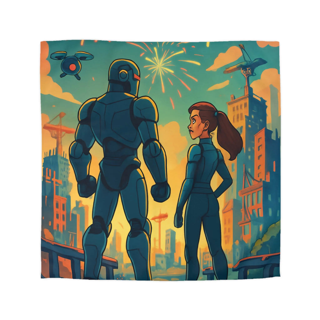 Housse de Couette Fine Imprimée Feux d’Artifice et Futuriste Ville Robotique Dessinée