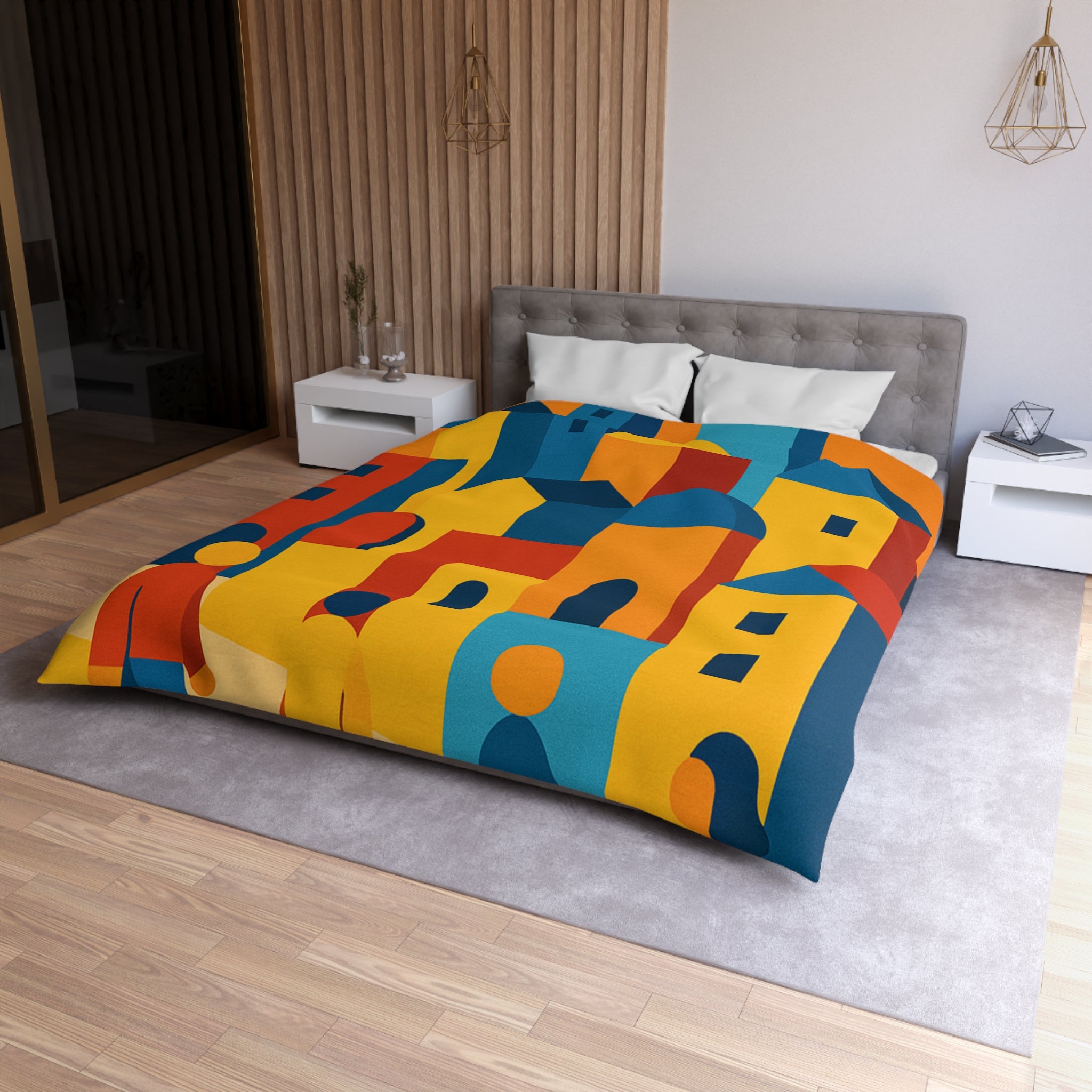 Housse de Couette Moderniste aux Couleurs Chaudes Illustrant Ville Effervescente et Silhouettes Humaines