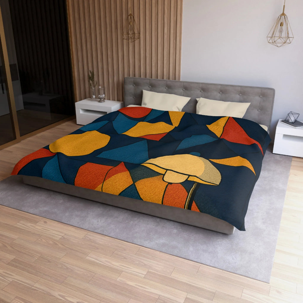 Housse de couette géométrique moderne multicolore avec motifs rétro et ambiance chaleureuse éclairée