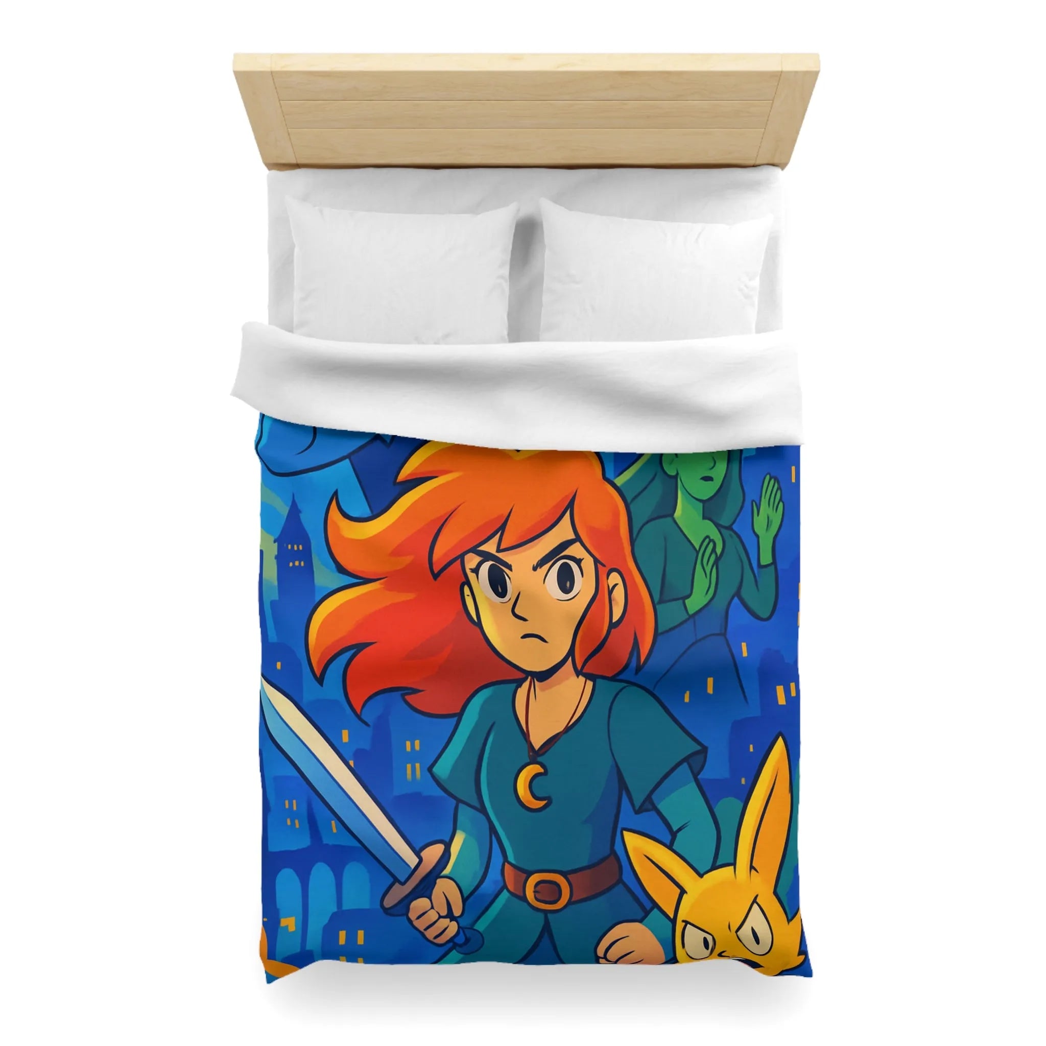 Housse de couette héroïque avec épée, ville nocturne et créatures fantastiques colorées