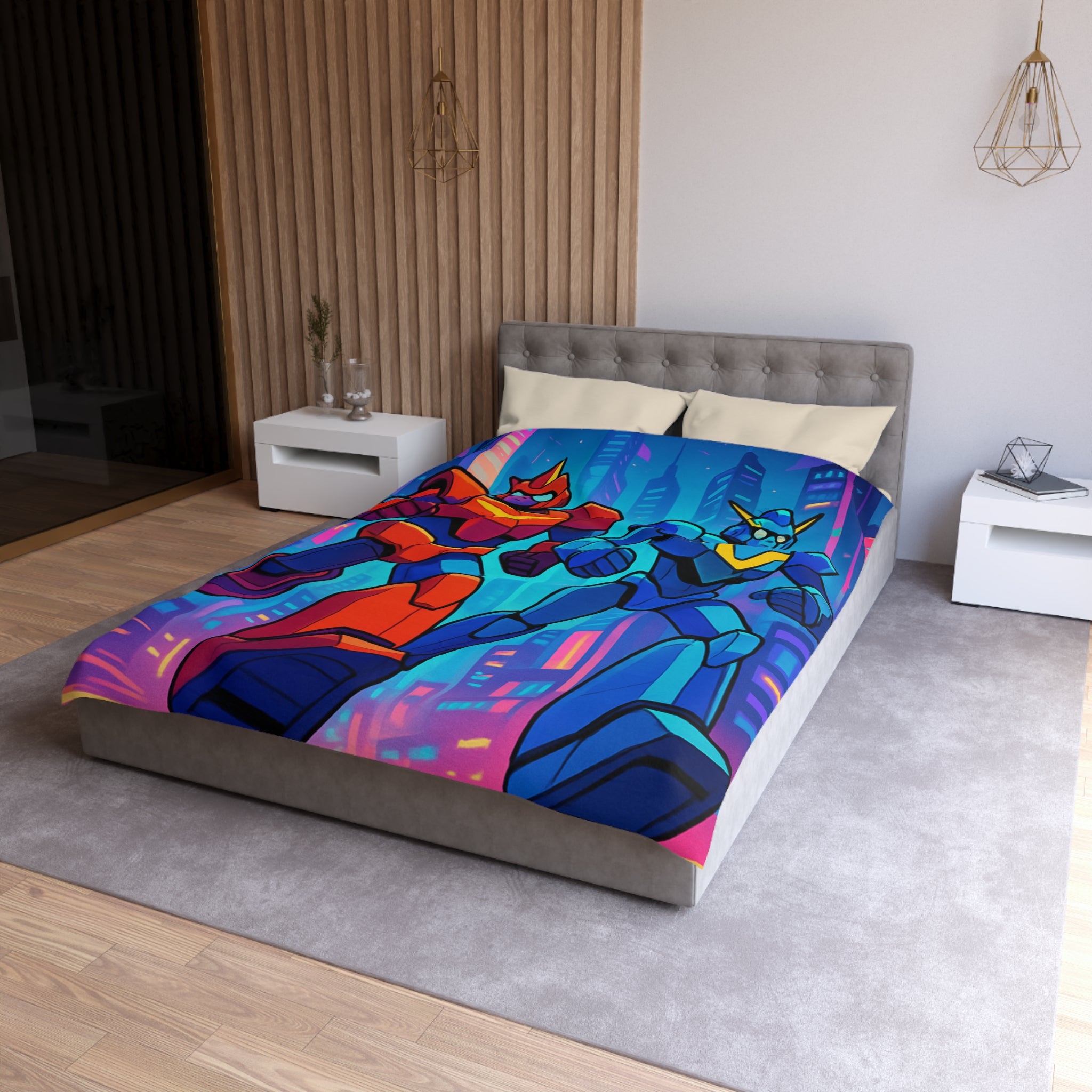 Housse de couette robot futuriste colorée, style rétro avec ambiance urbaine dynamique