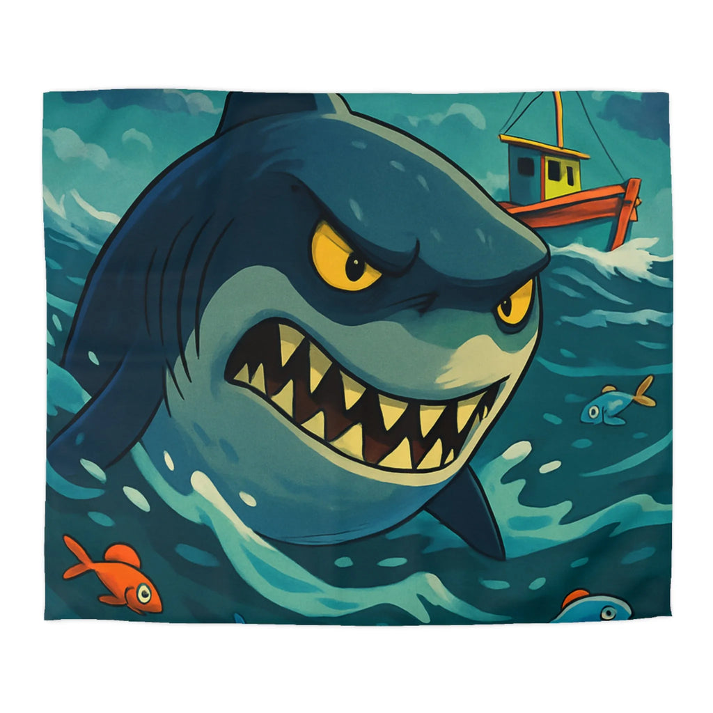 Housse de couette avec requin cartoon effrayant et poissons colorés en mer orageuse