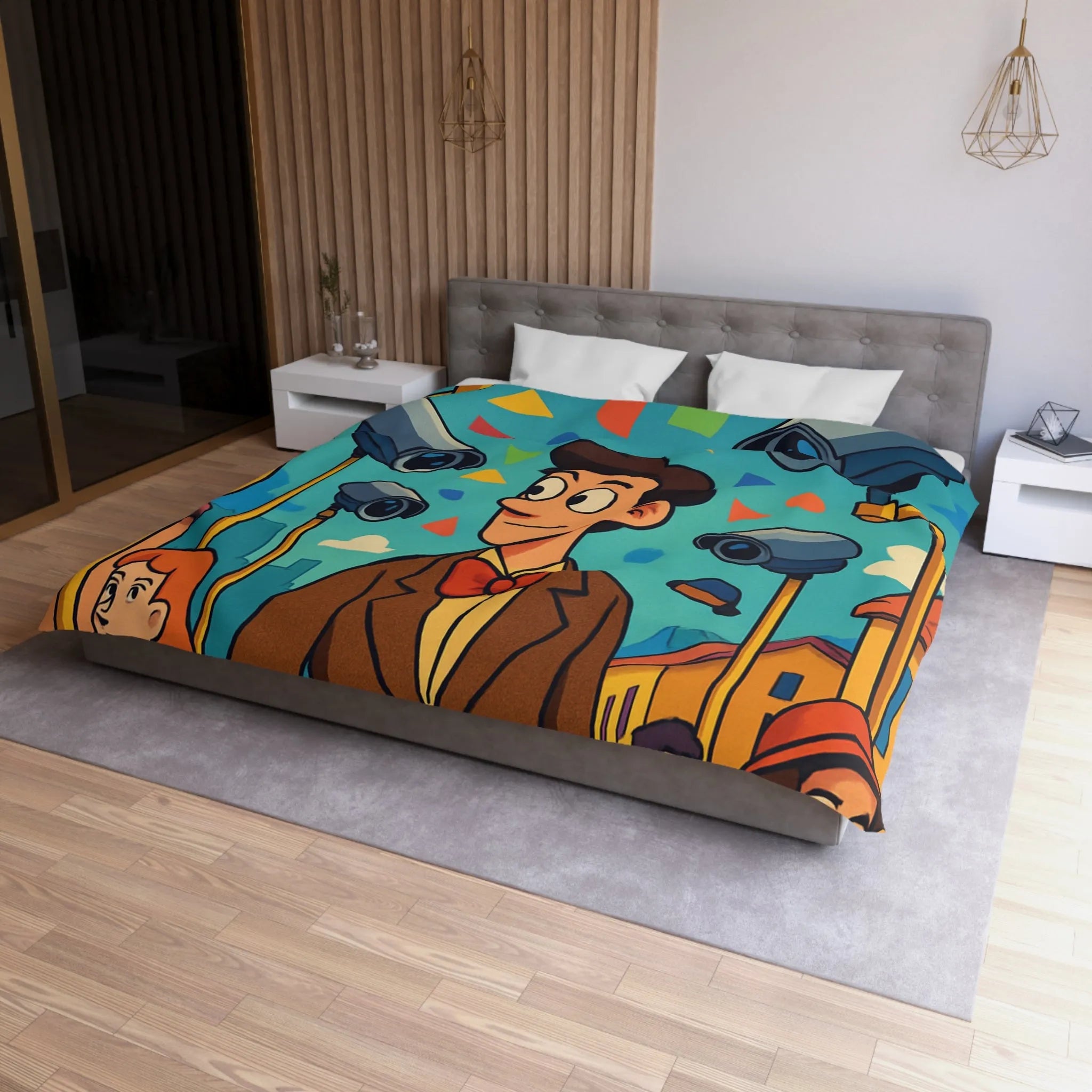 Housse de couette colorée avec motifs géométriques et personnages sous caméras de surveillance