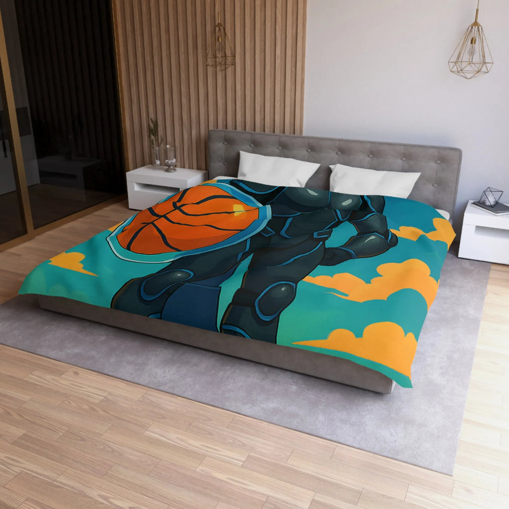 Housse de couette avec illustration d'un joueur de basket héroïque sous un ciel vibrant