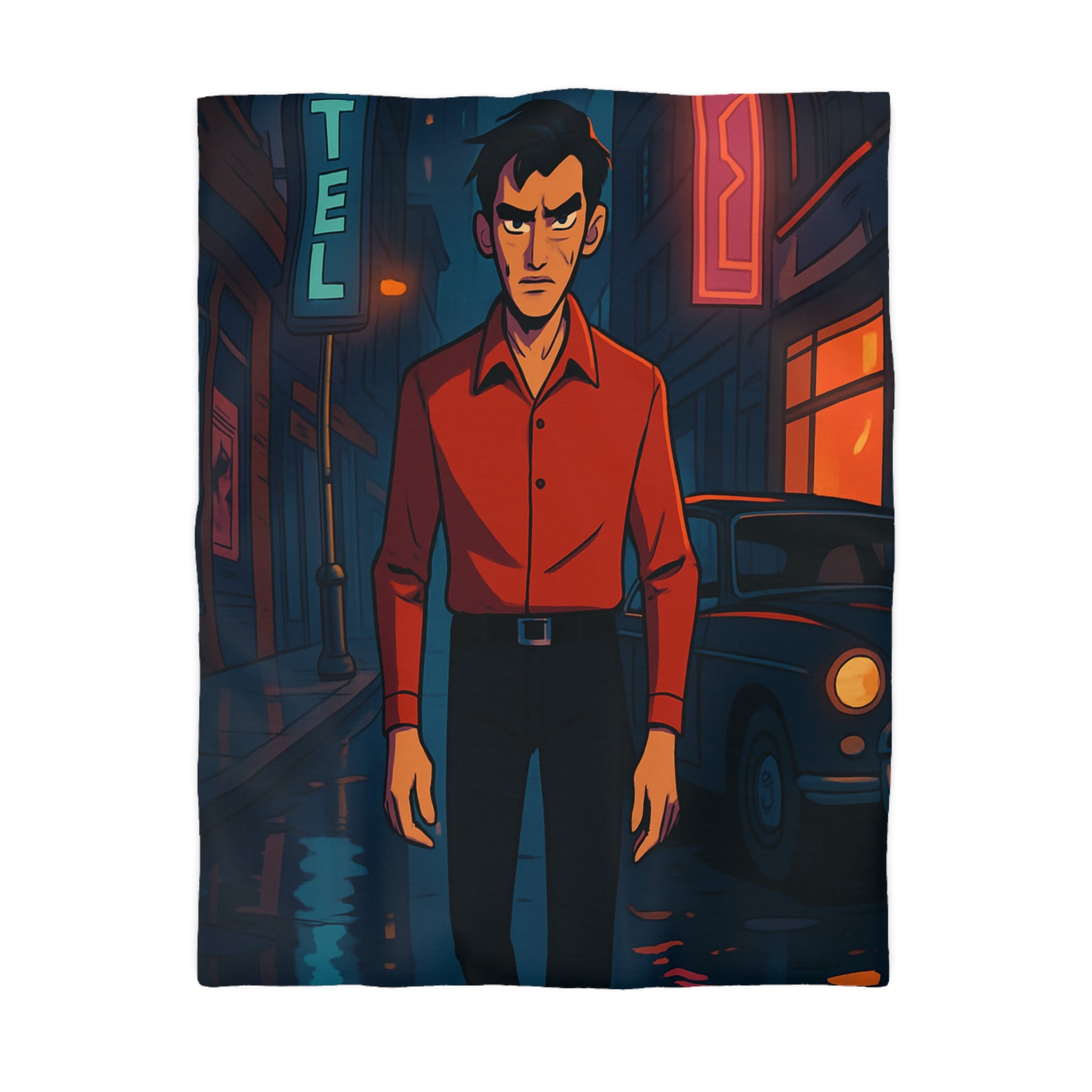 Housse de couette urbaine nocturne avec homme mystérieux et néons colorés