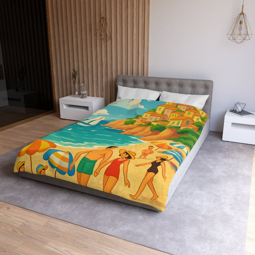 Housse de couette plage méditerranéenne avec paysages colorés et vacanciers ensoleillés