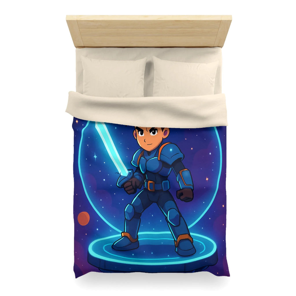 Ensemble galactique animé avec jeune héros et épée lumineuse sur fond cosmique vibrant