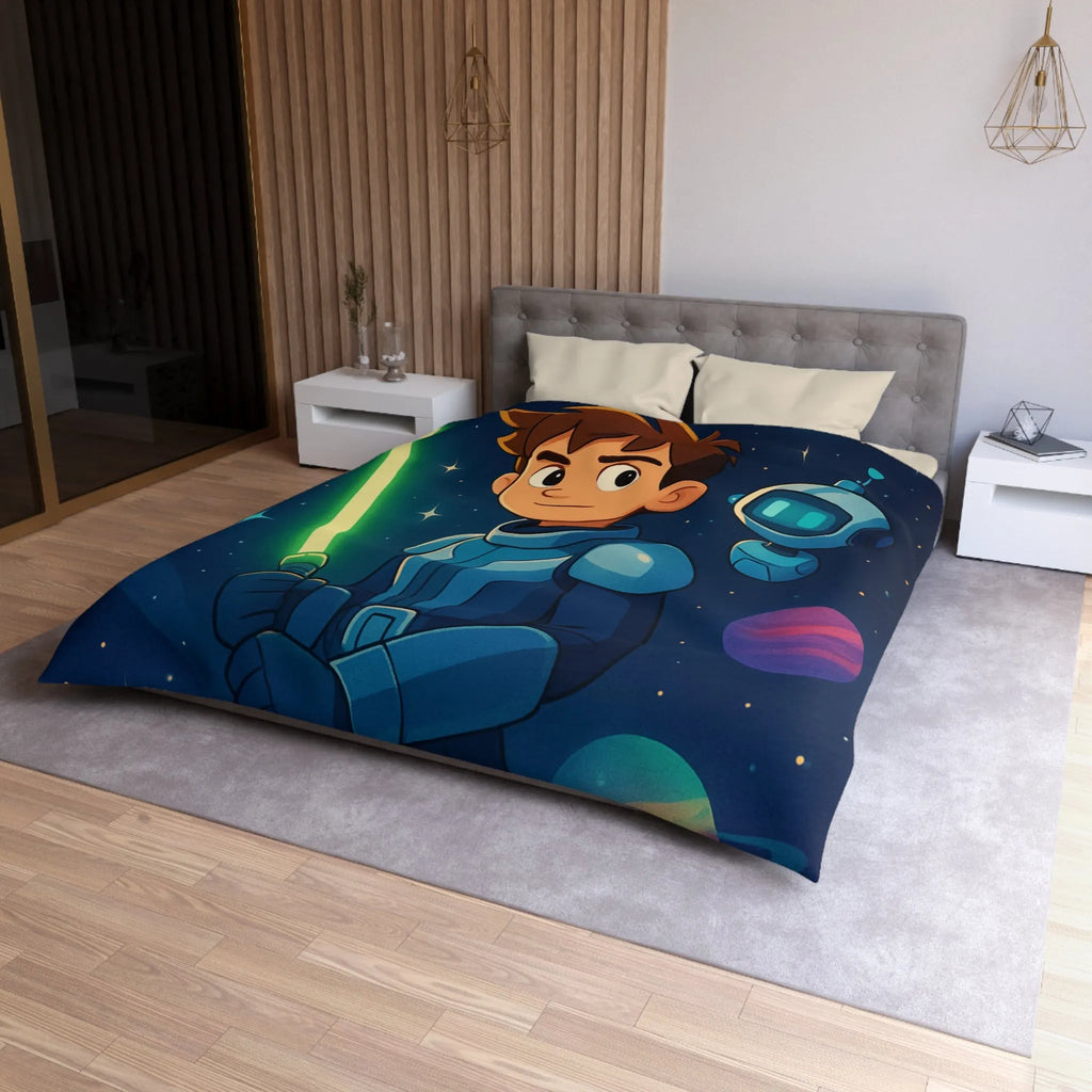 Housse de couette galactique avec enfant et robot, étoiles scintillantes et planètes colorées