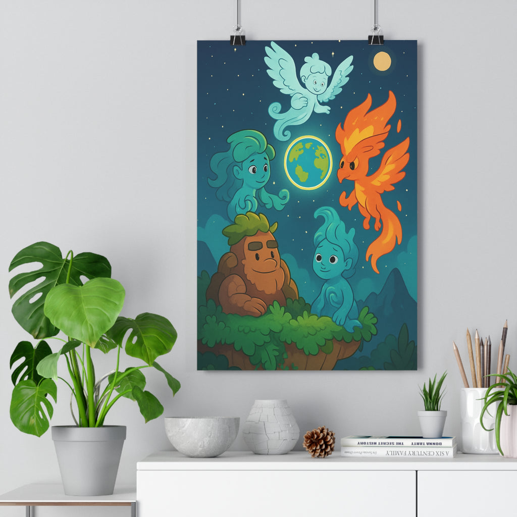 Poster décoratif mystique bleu orange vert magique chambre salon paysage étoilé lumineux féerique contemporain