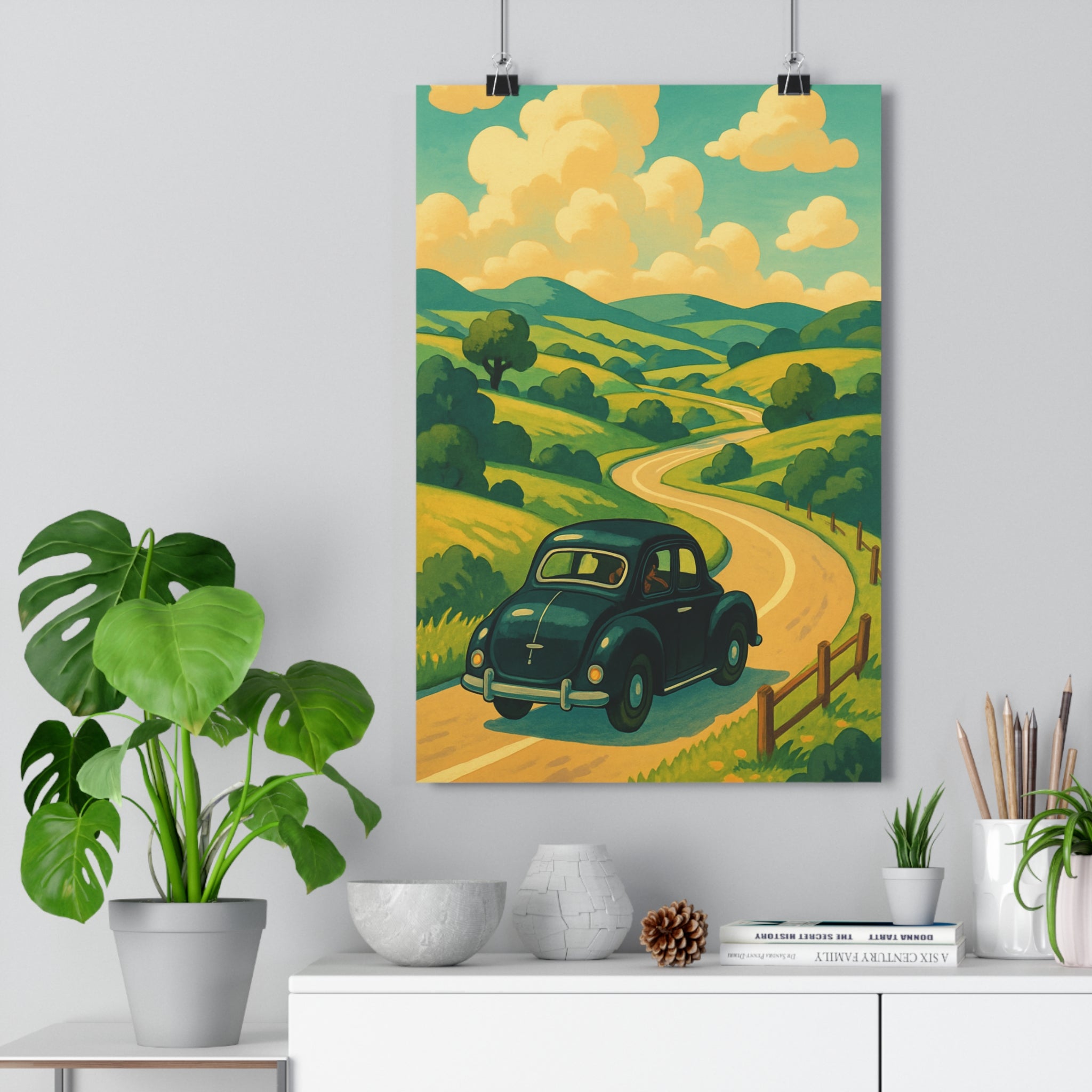 Poster décoratif vintage rétro cartoon noir vert campagne nostalgique salon bureau nature ciel 30x46